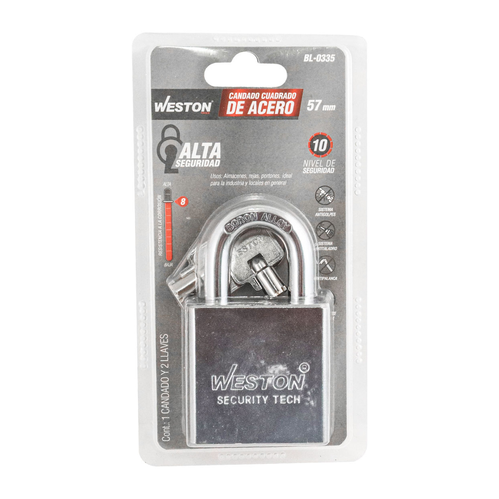 CANDADO CUADRADO D/ACERO GANCHO CORTO D/BORO ALTA SEGURIDAD 57MM C/2 LLAVES - Imagen 4