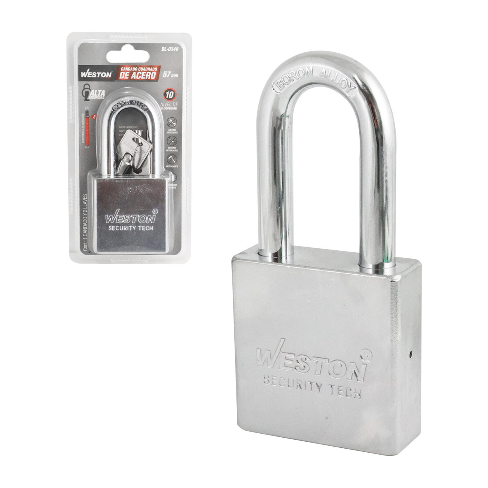 Candado Cuadrado de Acero con Gancho Largo de Boro Alta Seguridad 57 mm con 2 Llaves Weston