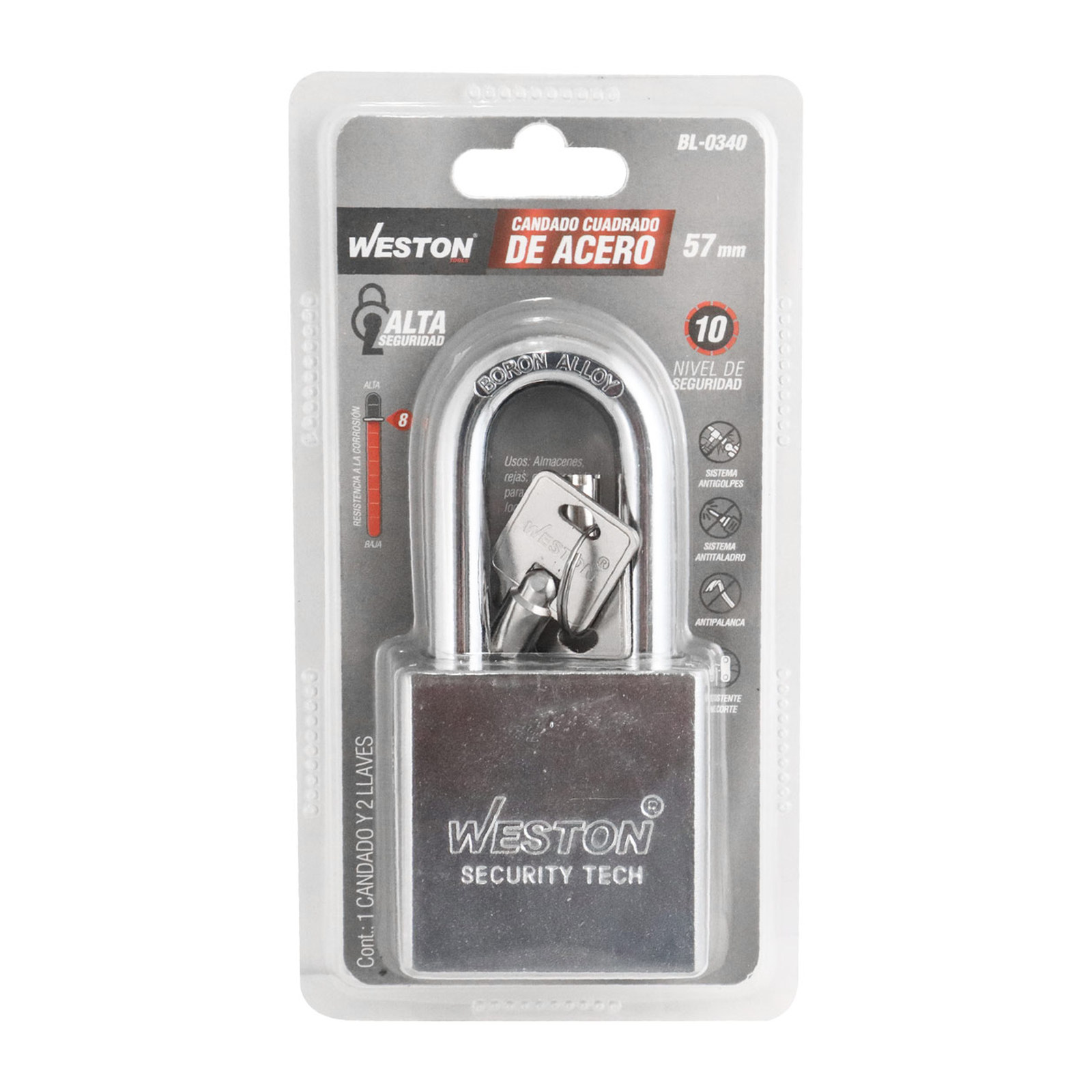 CANDADO CUADRADO D/ACERO GANCHO LARGO D/BORO ALTA SEGURIDAD 57MM C/2 LLAVES - Imagen 4