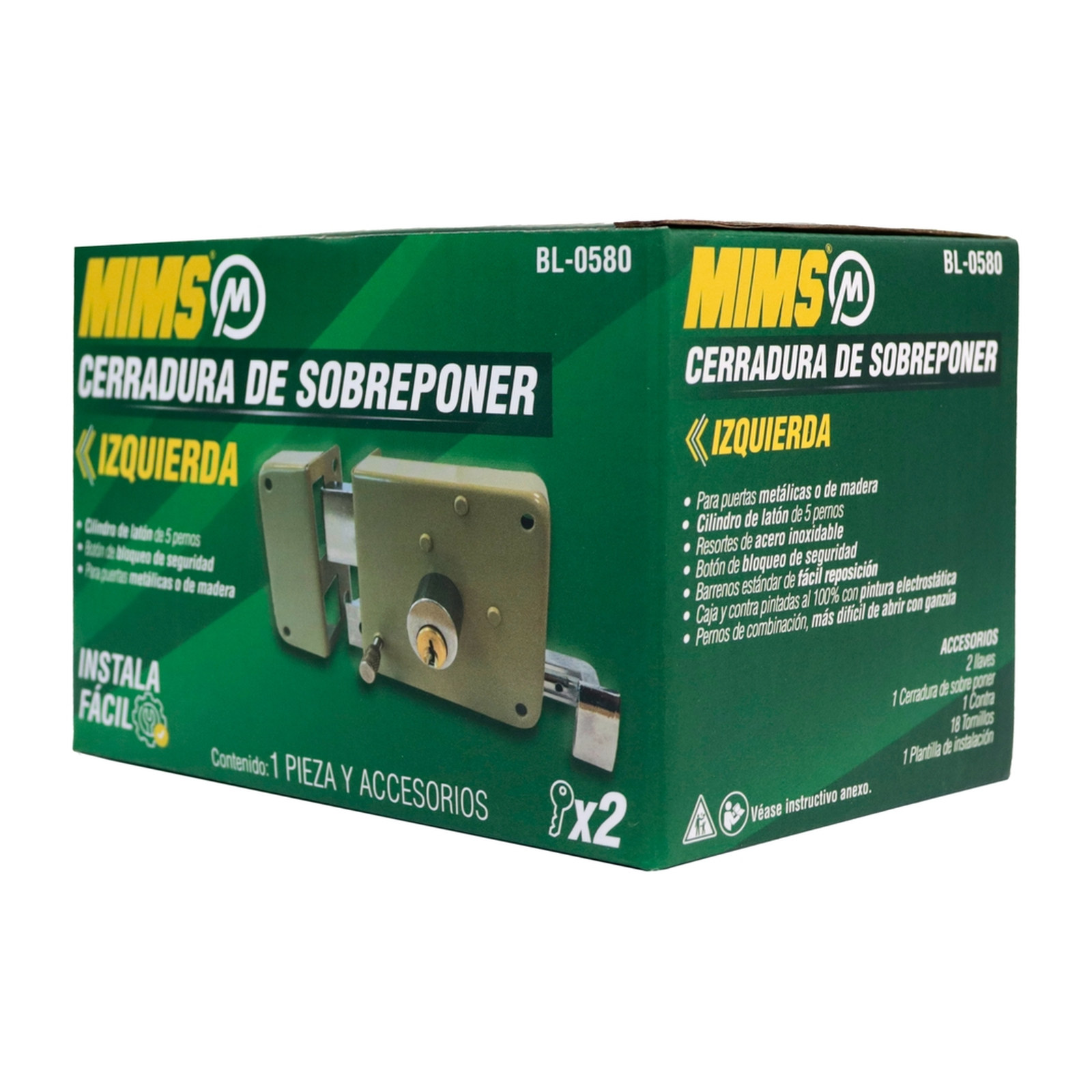 CERRADURA DE SOBREPONER IZQUIERDA, INSTALA FACIL, 2 LLAVES TRADICIONALES (CAJA COLOR) - Imagen 4