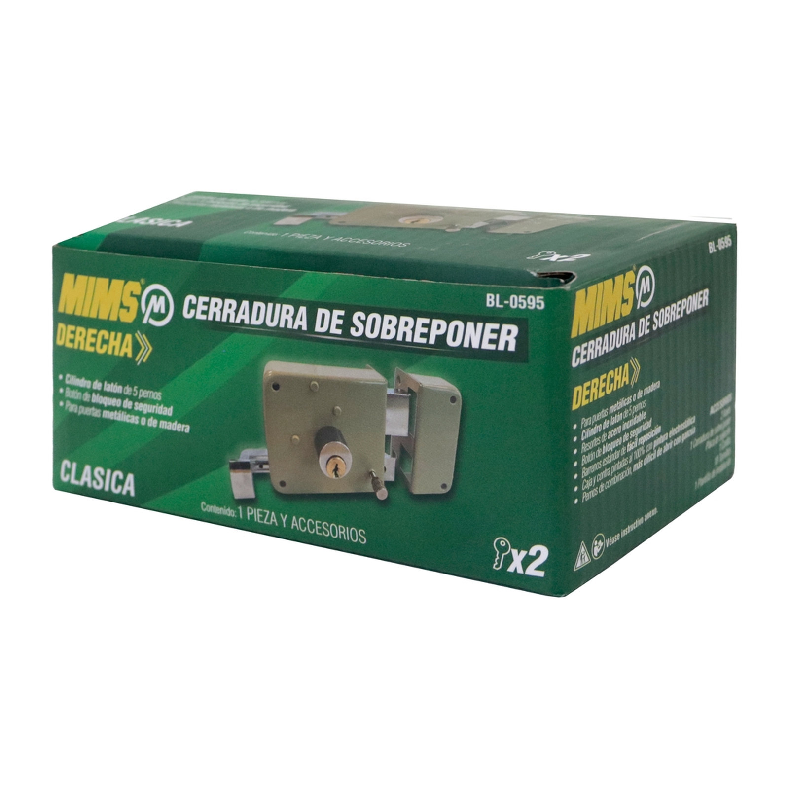 CERRADURA DE SOBREPONER DERECHA, CLASICA, 2 LLAVES TRADICIONALES (CAJA COLOR) - Imagen 4