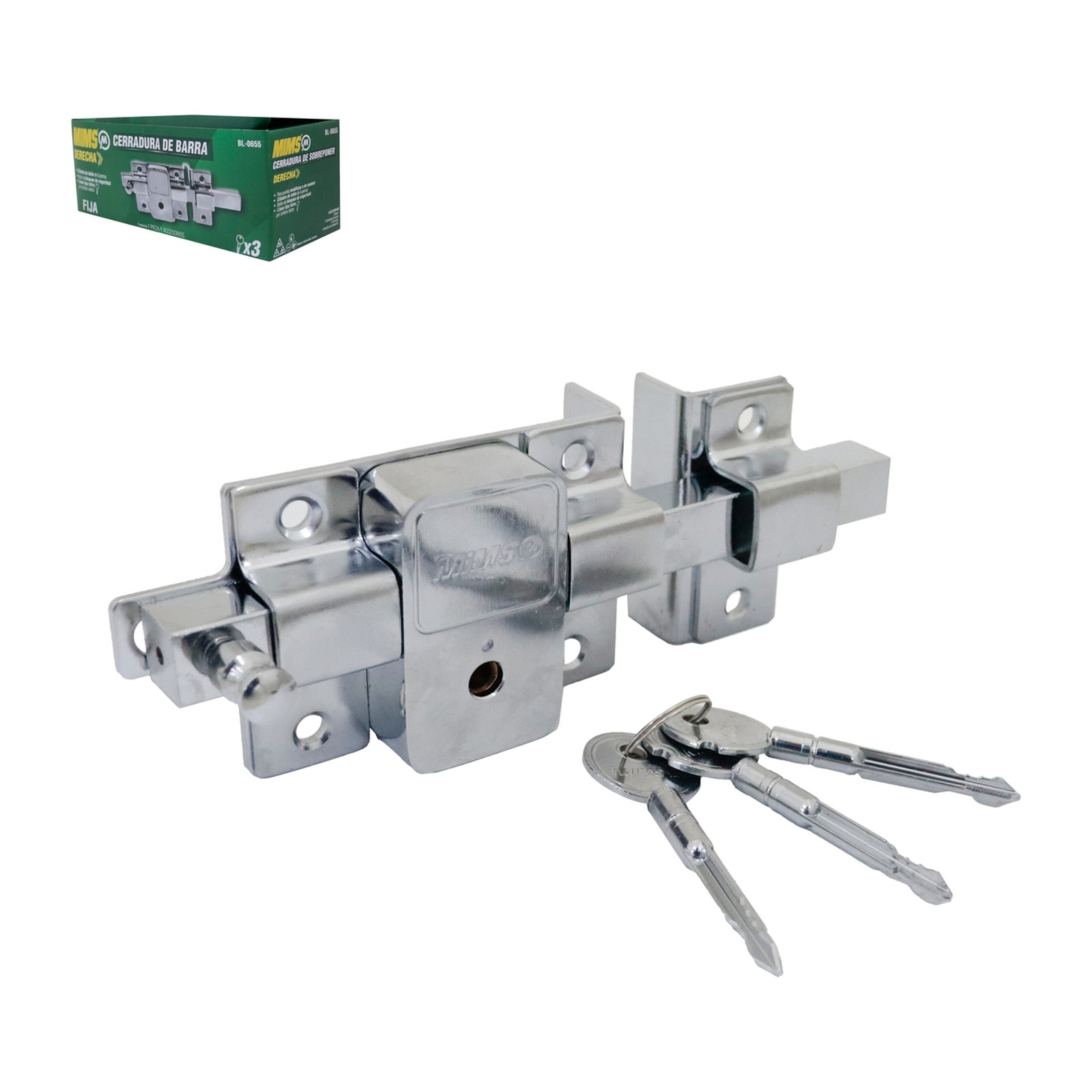 CERRADURA DE BARRA FIJA DERECHA, 3 LLAVES CRUZ (CAJA COLOR)