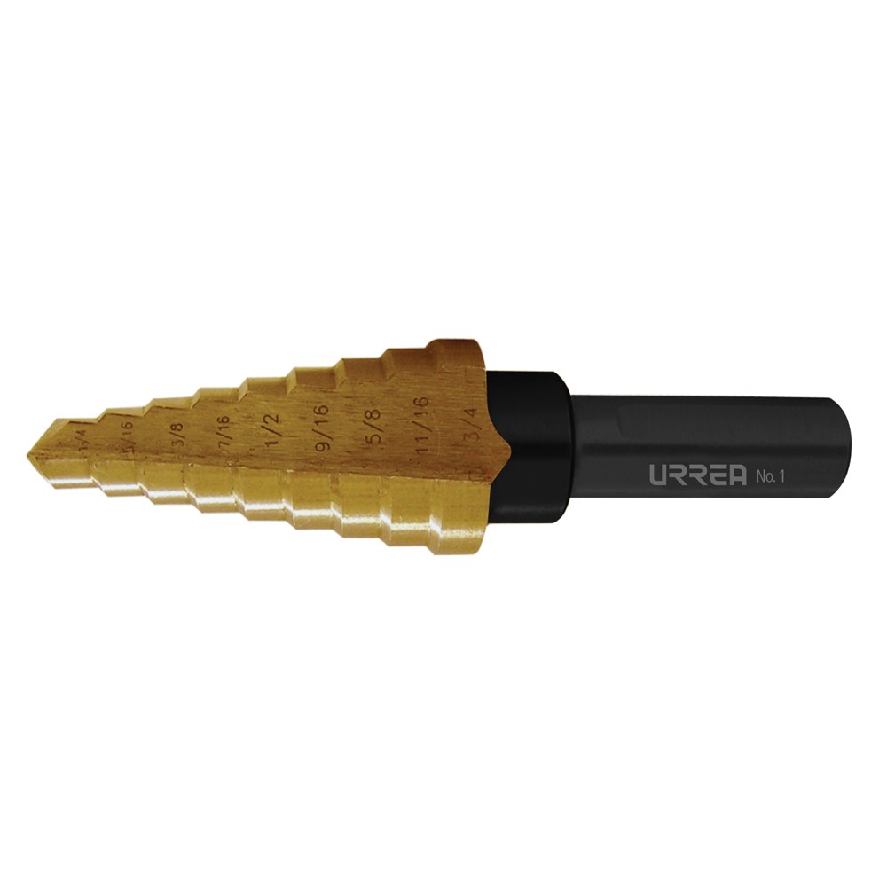 Broca escalonada de acero con doble estría #4, 1/4" a 3/4" zanco 3 planos Urrea
