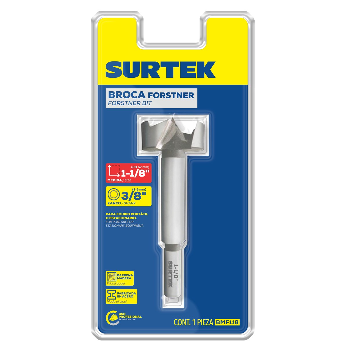 Broca para madera de acero forstner 1-1/8" zanco de 7/16" Surtek - Imagen 2