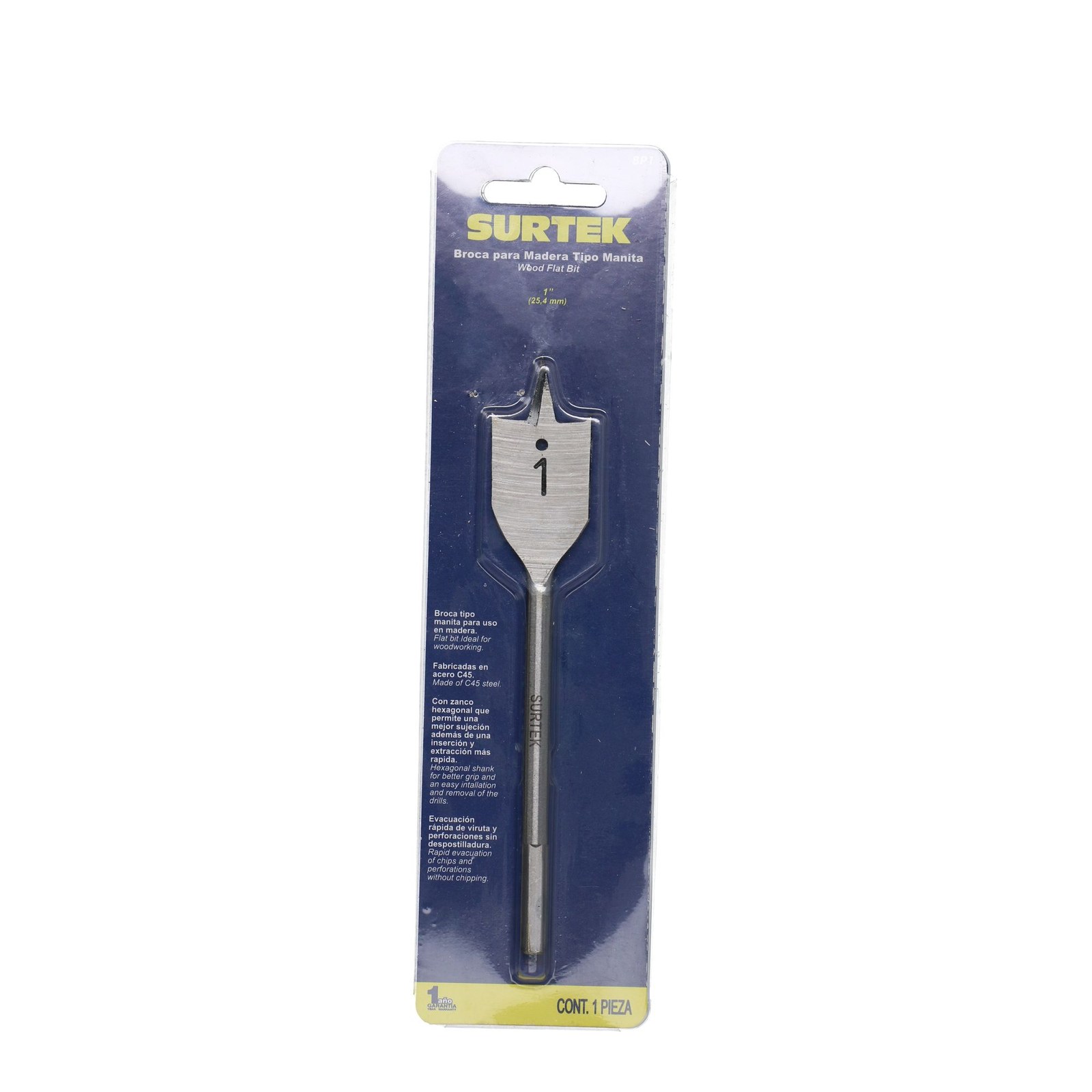 Broca para madera de acero al carbono tipo manita 1" zanco de 1/4" Surtek - Imagen 2