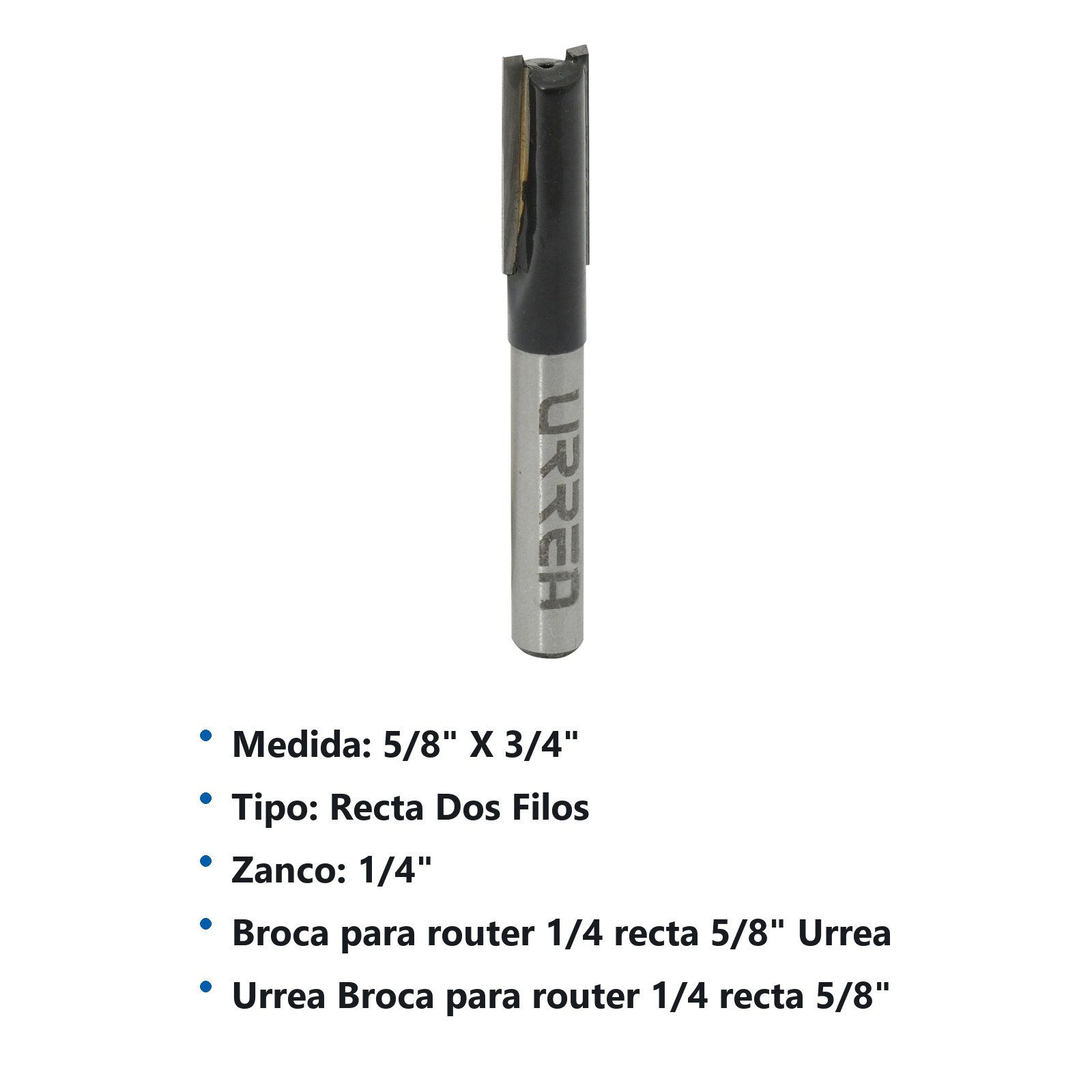 Broca para router de acero recta de 2 filos 5/8" zanco de 1/4" Urrea - Imagen 2