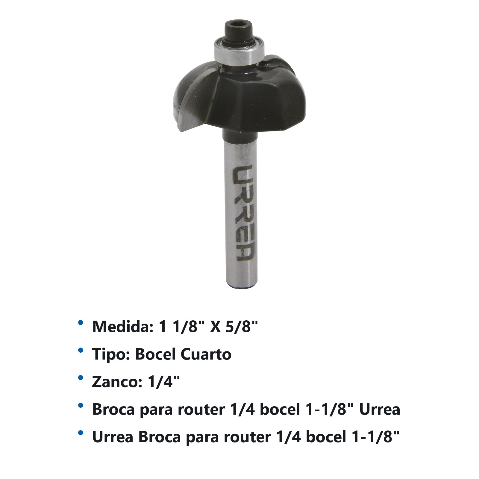 Broca para router de acero bocel cuarto con balero 1-1/8" zanco de 1/4" Urrea - Imagen 2