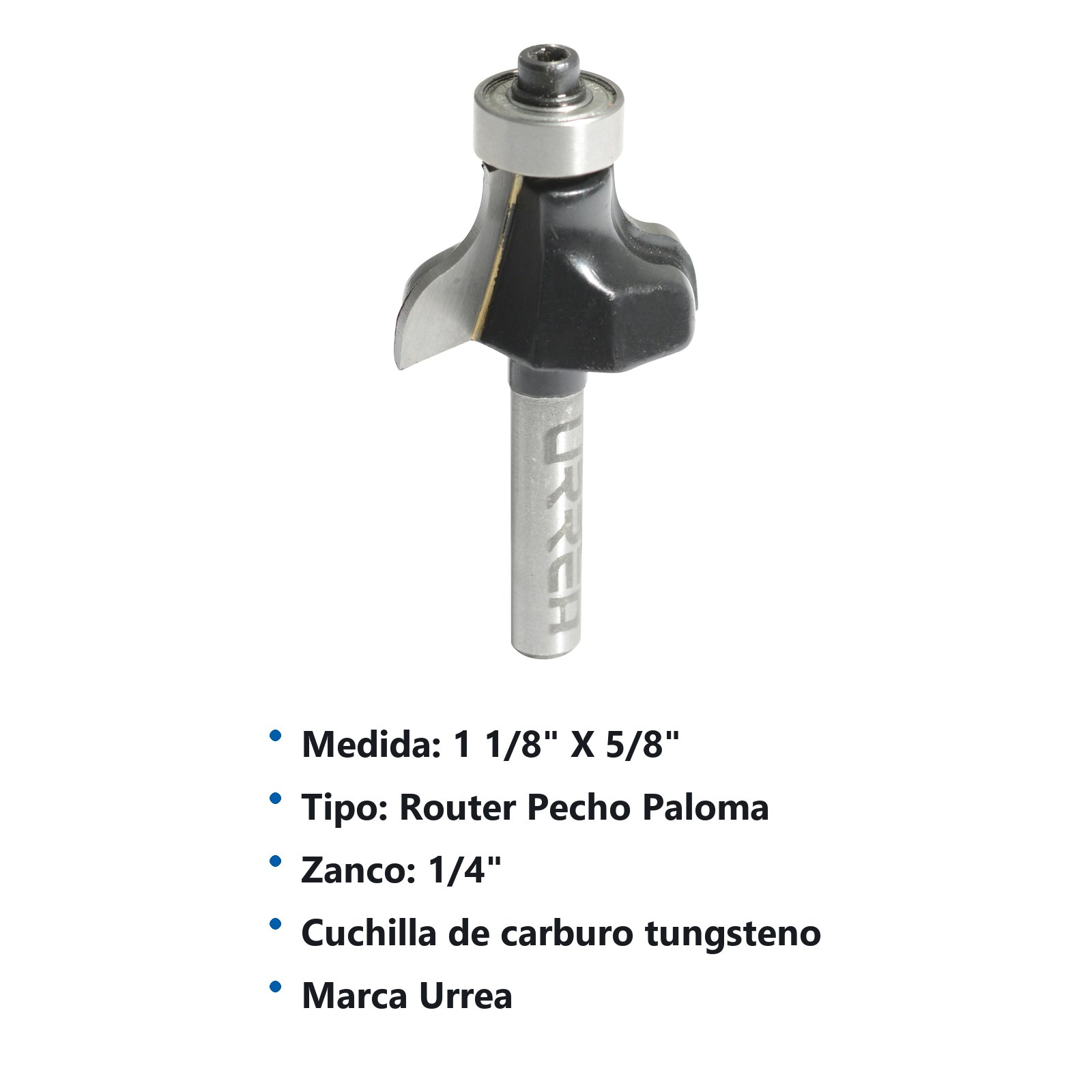 Broca para router de acero pecho de paloma con balero 1-1/8" zanco de 1/4" Urrea - Imagen 2