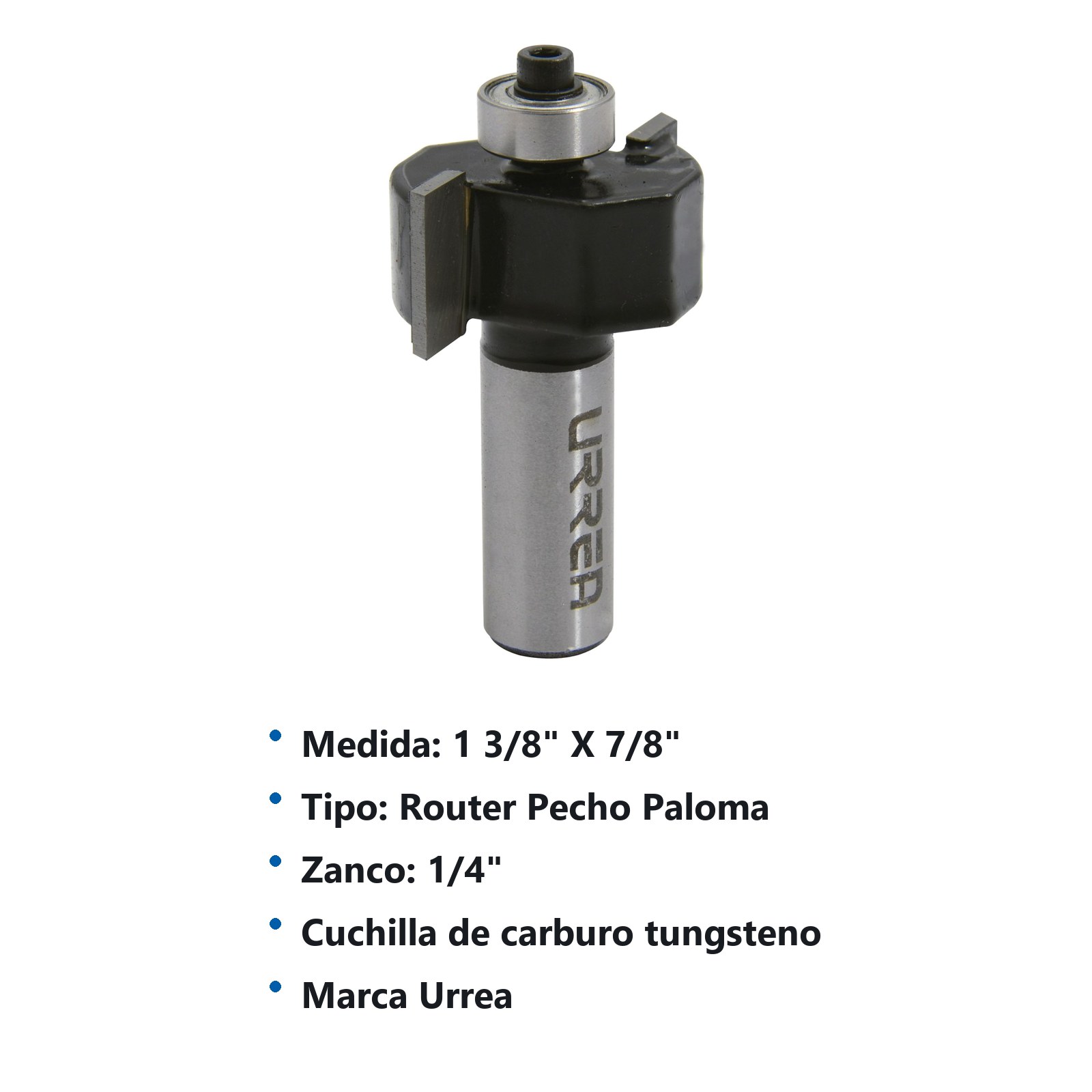 Broca para router de acero pecho de paloma con balero 1-3/8" zanco de 1/4" Urrea - Imagen 2