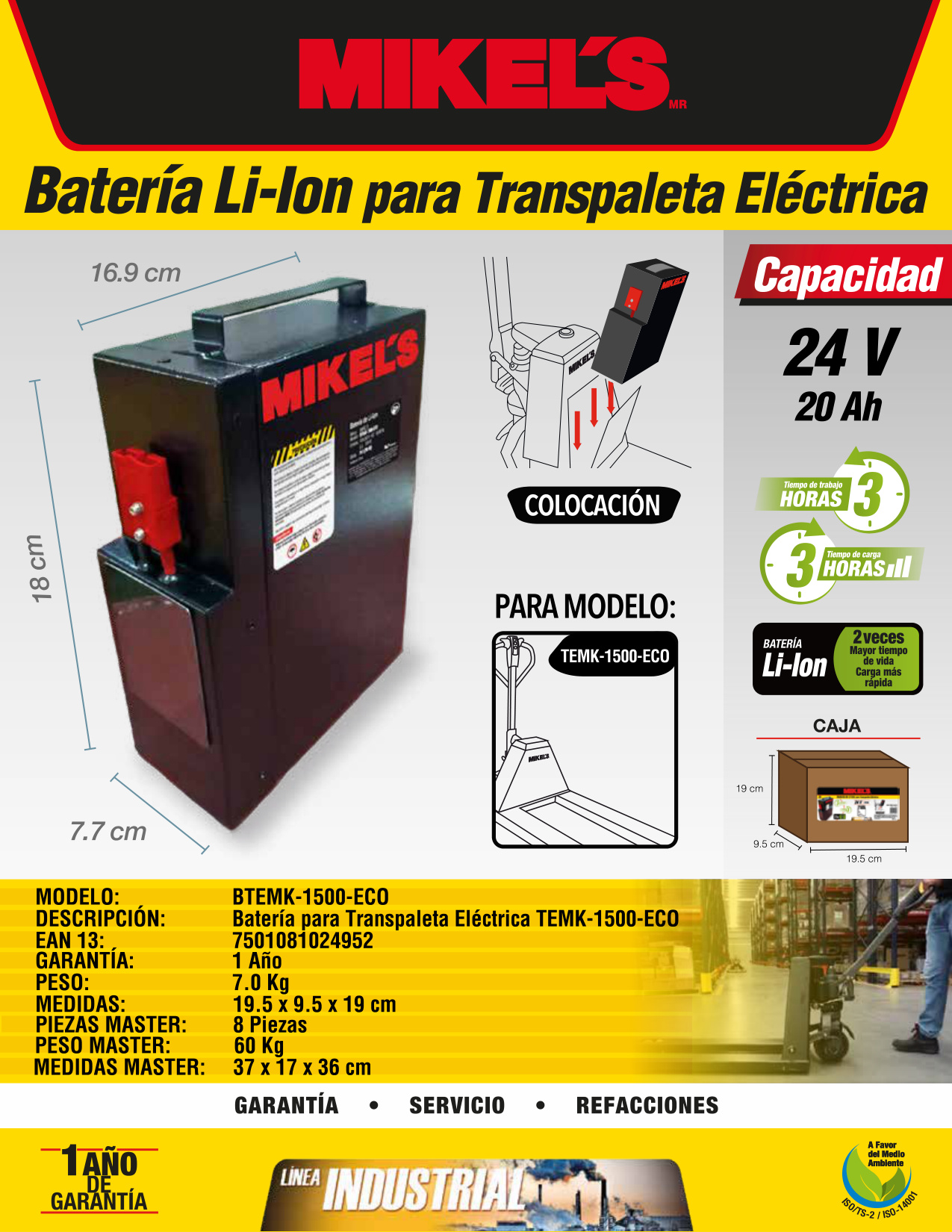 MIKELS BTEMK-1500-ECO Bateria de litio para transpaleta eléctrica (TEMK-1500-ECO) - Imagen 2