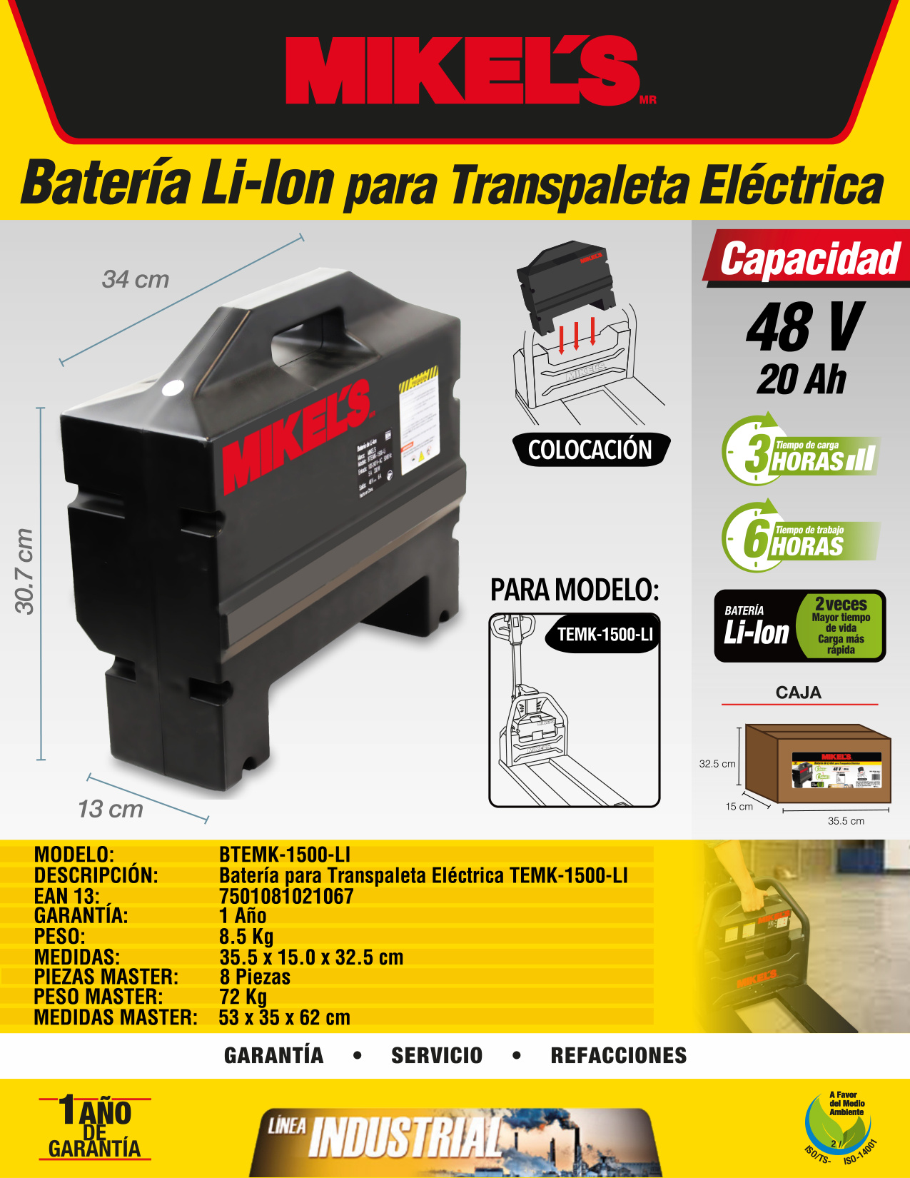 MIKELS BTEMK-1500-LI Batería EXCLUSIVA para transpaleta eléctrica (modelo TEMK-1500-LI) - Imagen 4