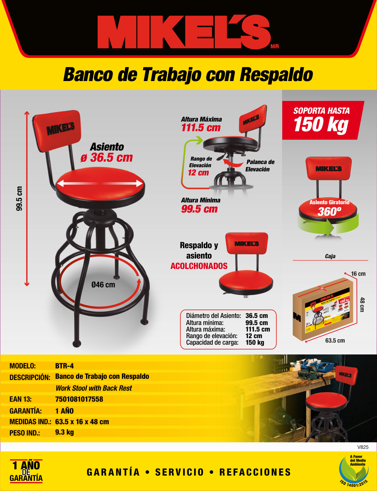 MIKELS BTR-4 Banco de trabajo con respaldo (150 kgs) - Imagen 4