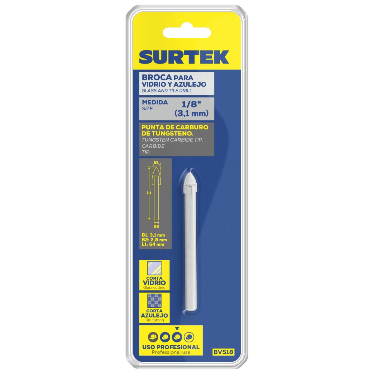 Broca para vidrios y azulejos de acero con cabeza de carburo de tungsteno 1/8" Surtek - Imagen 2