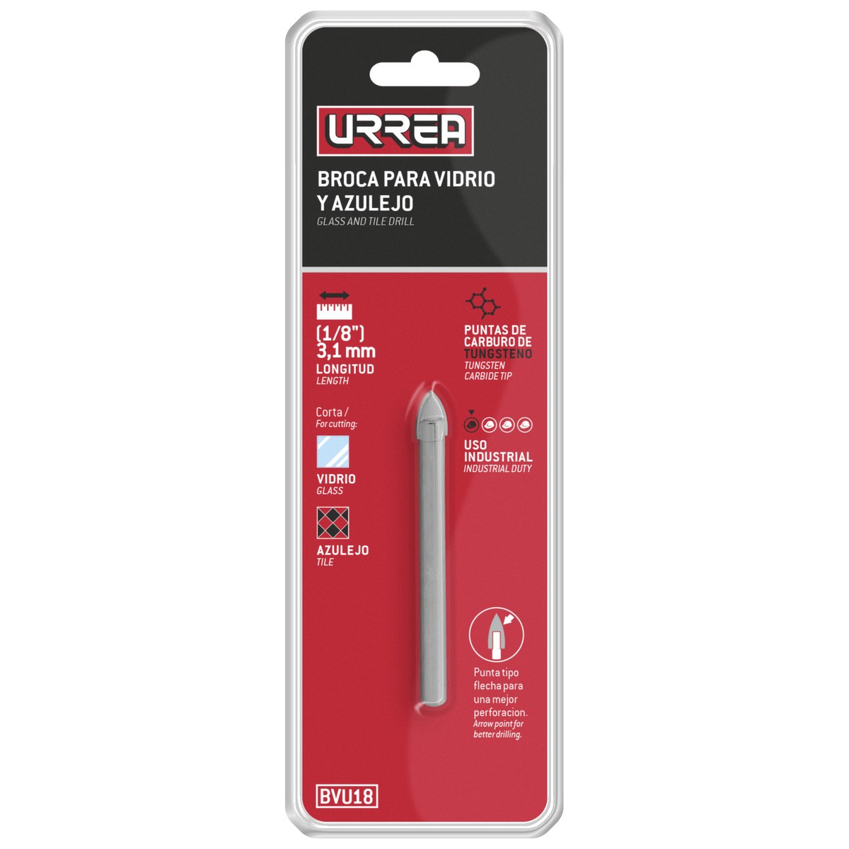 Broca para vidrios y azulejos de acero con cabeza de carburo de tungsteno 1/8" Urrea - Imagen 2