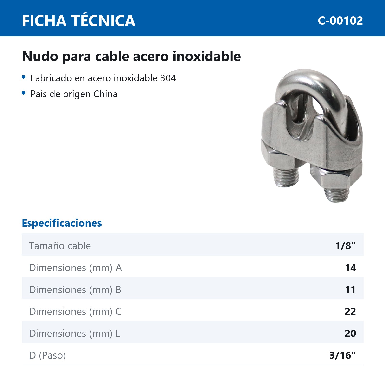 NUDO P/CABLE 1/8" ACERO INOX. - Imagen 2