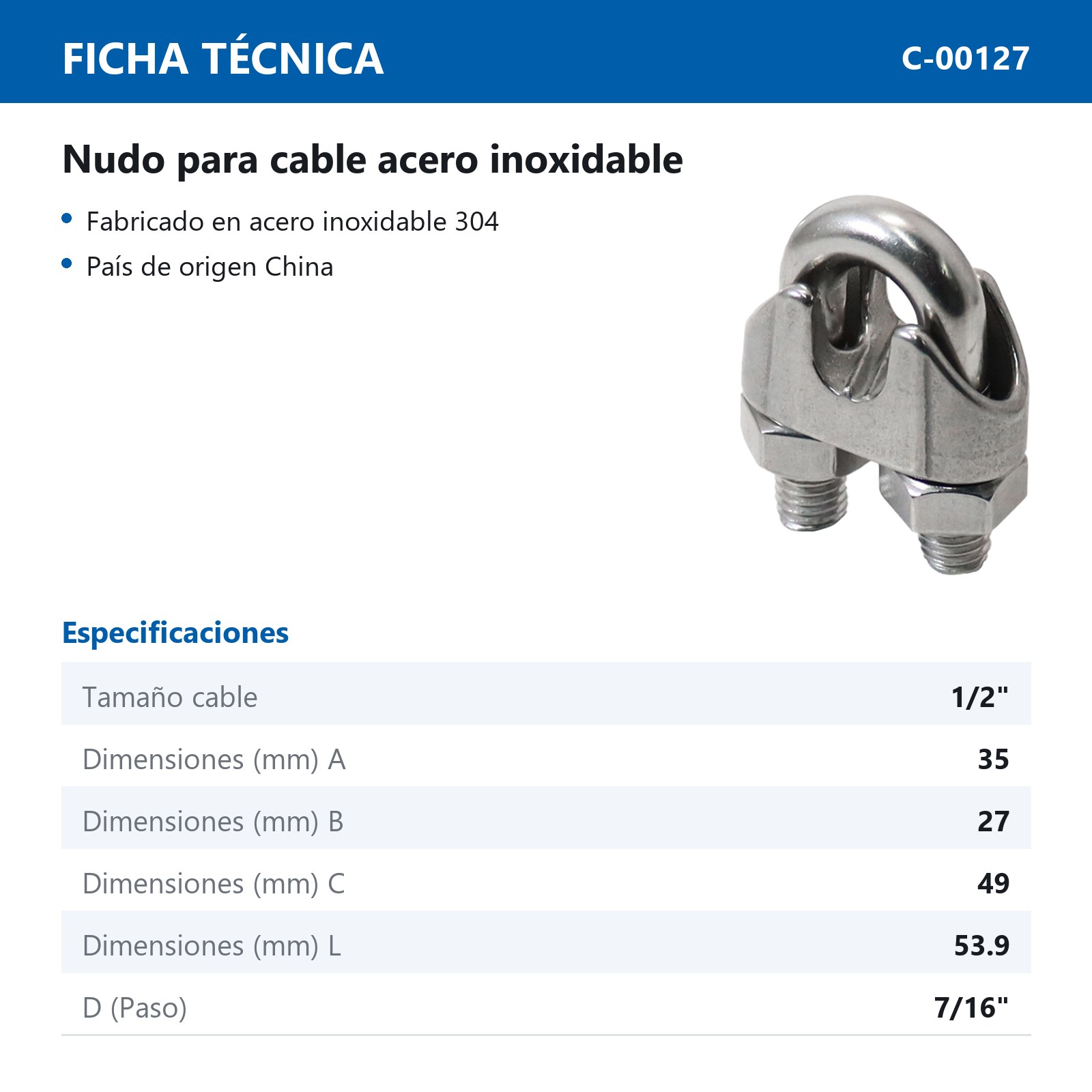 NUDO P/CABLE 1/2" ACERO INOX. - Imagen 2
