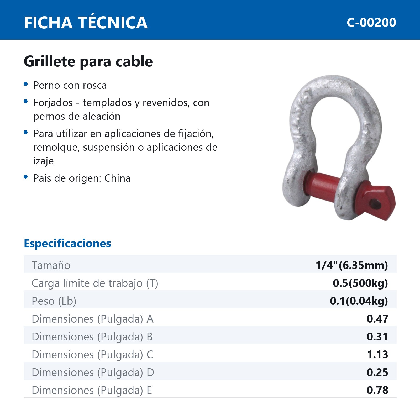 GRILLETE PARA CABLE  1/4" - Imagen 2