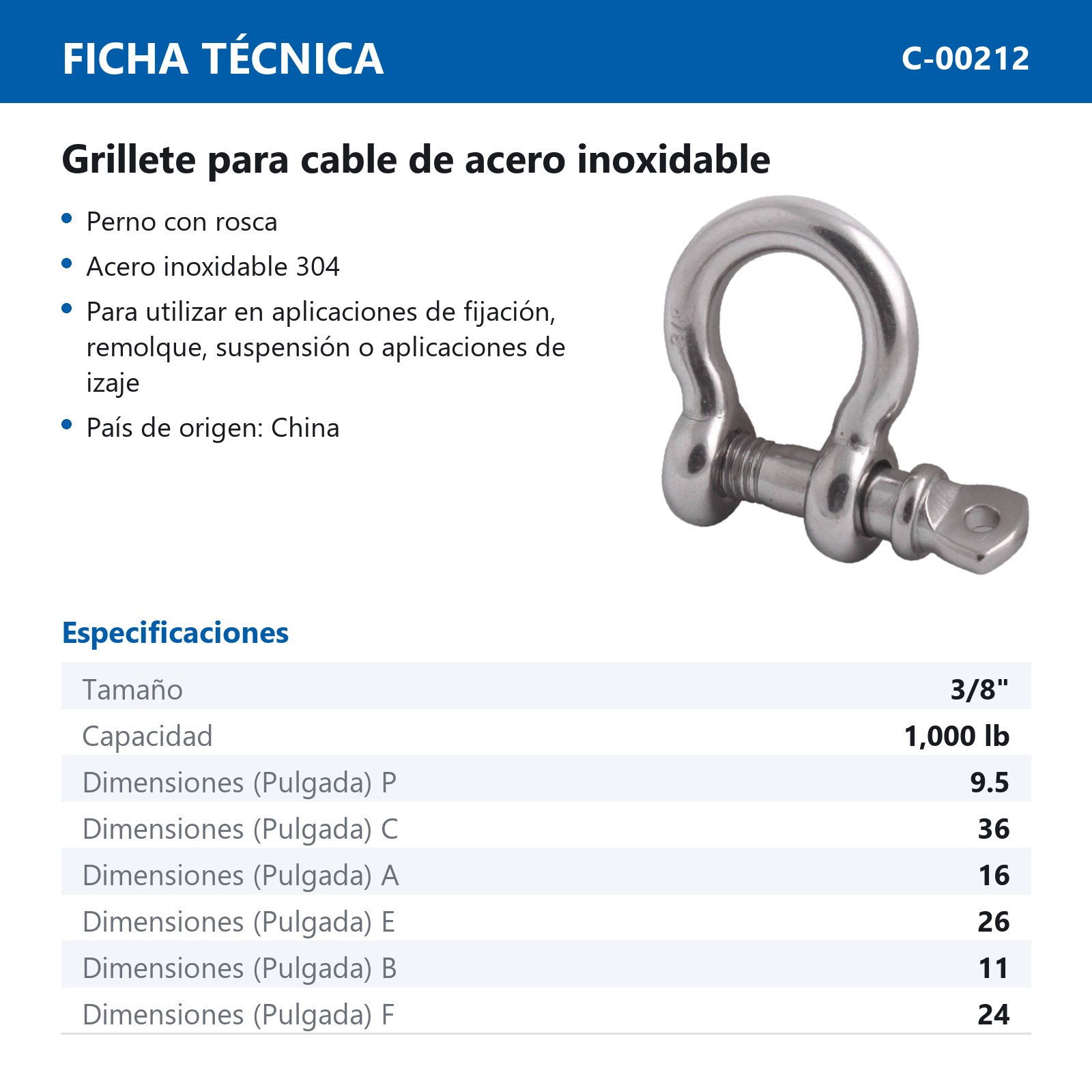 GRILLETE P/CABLE 3/8" ACERO INOX. (Precio x Pza - Empaque c/10 pzas) - Imagen 3