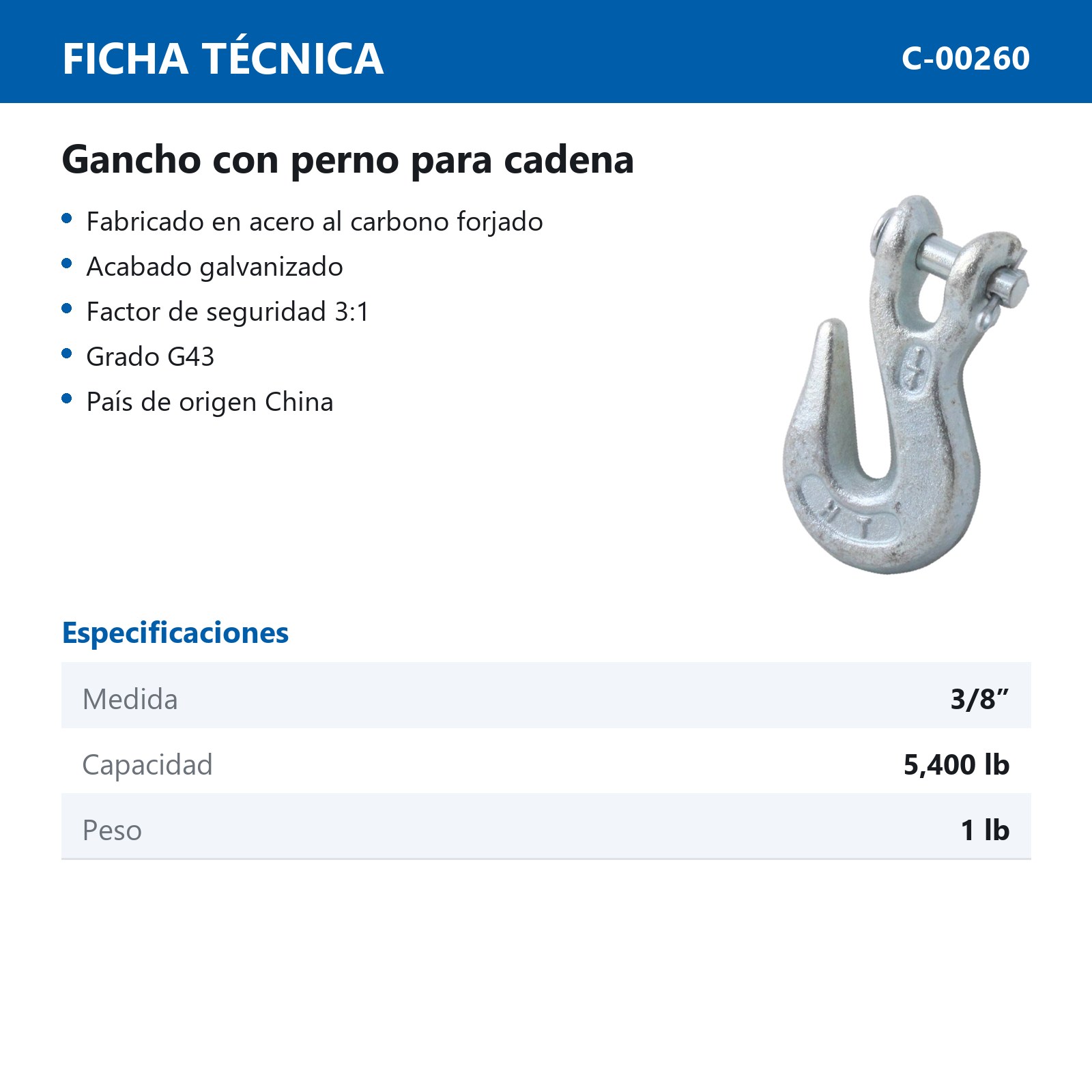 GANCHO C/PERNO P/CADENA 3/8" - Imagen 2