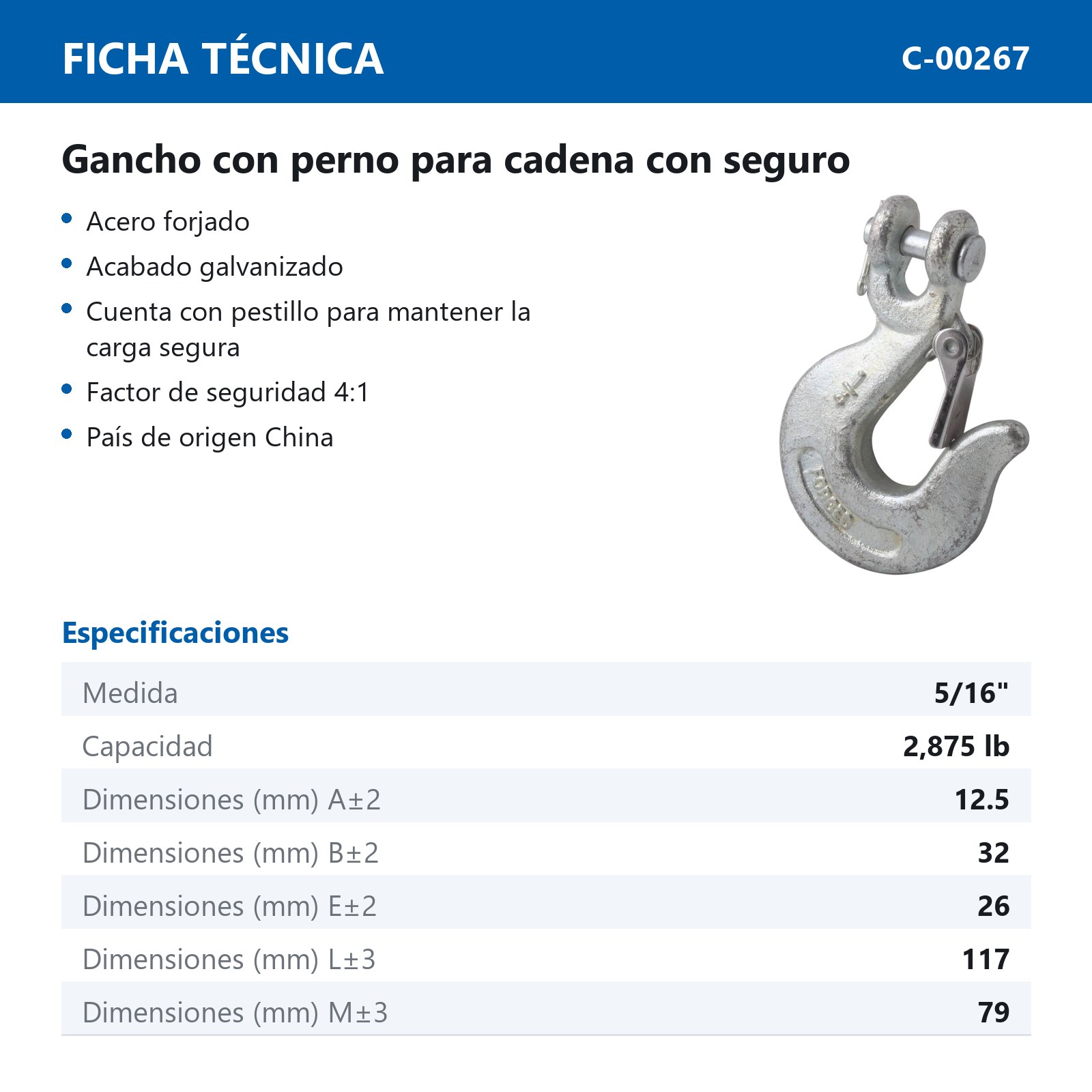 GANCHO FORJADO C/PERNO Y SEGURO 5/16" - Imagen 2
