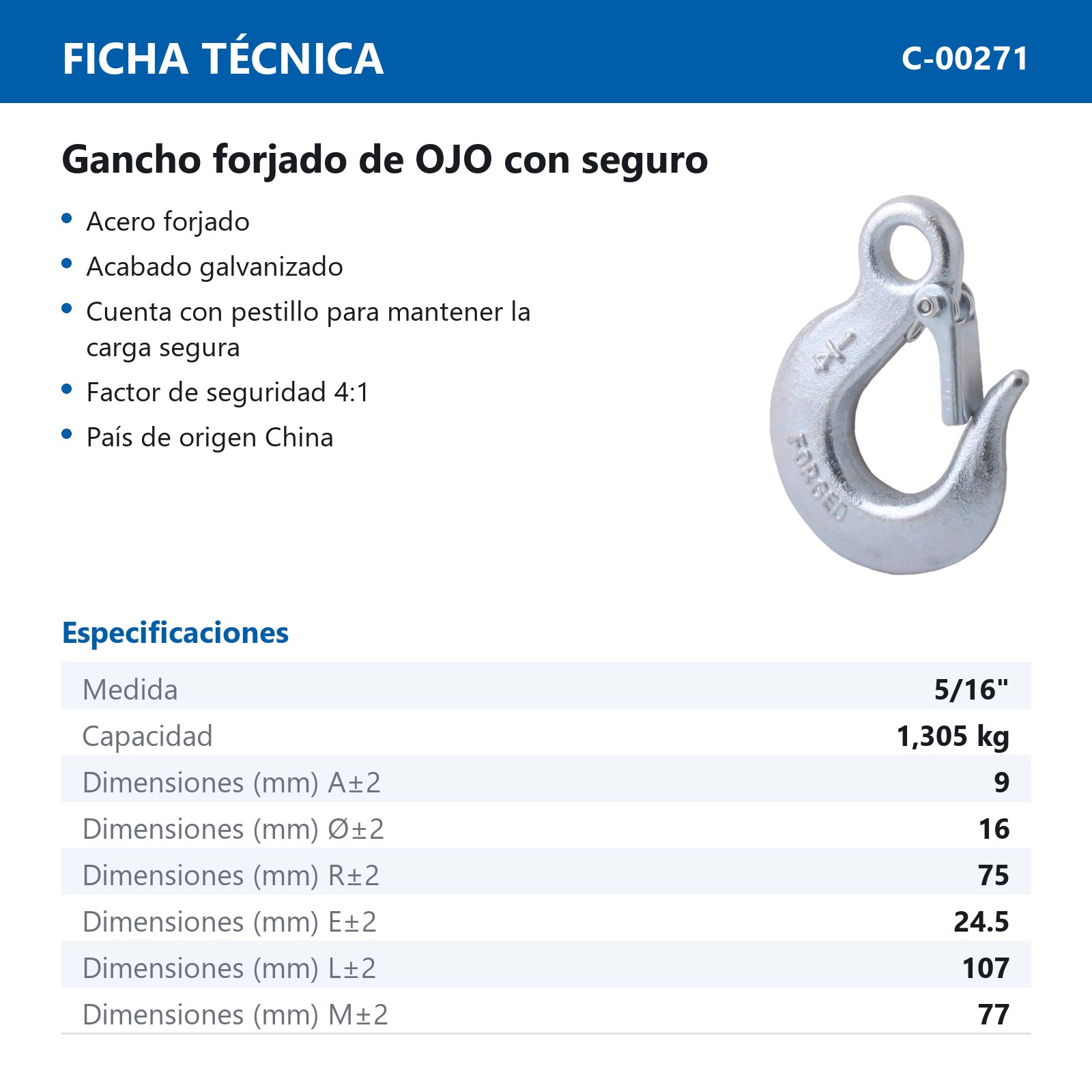 GANCHO FORJADO C/OJO Y SEGURO 5/16" - Imagen 2