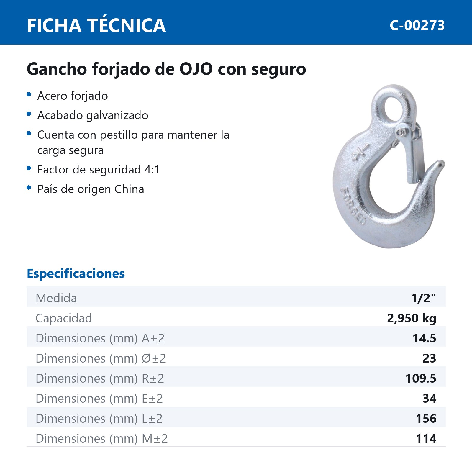 GANCHO FORJADO C/OJO Y SEGURO 1/2" - Imagen 2