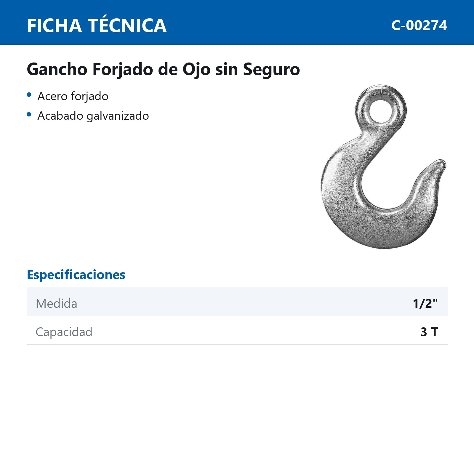 GANCHO FORJADO P/CABLE 1/2"  S/SEGURO - Imagen 2