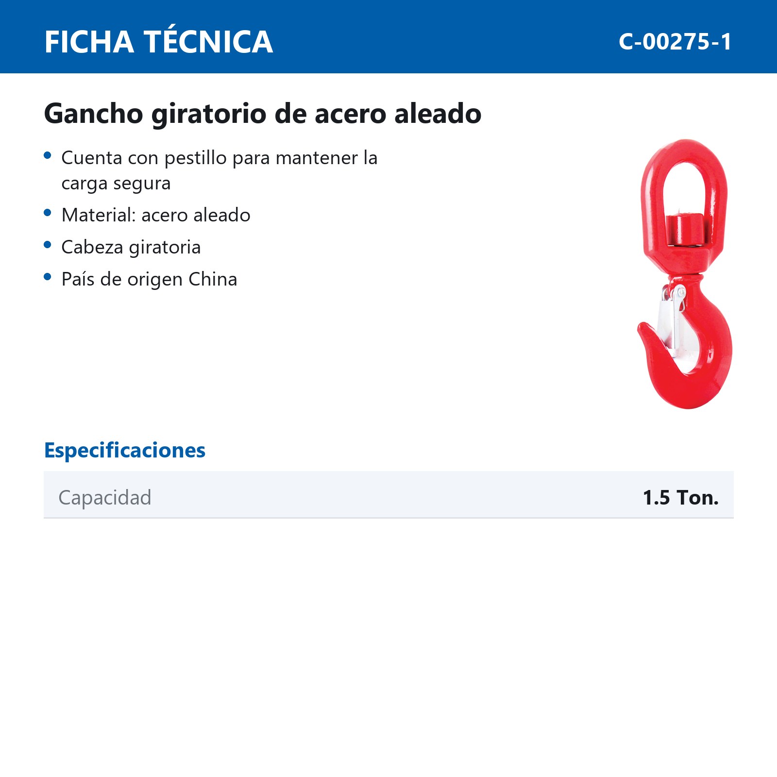 GANCHO D/ACERO FORJADO GIRAT. 1-1/2TON (ROJO) - Imagen 2