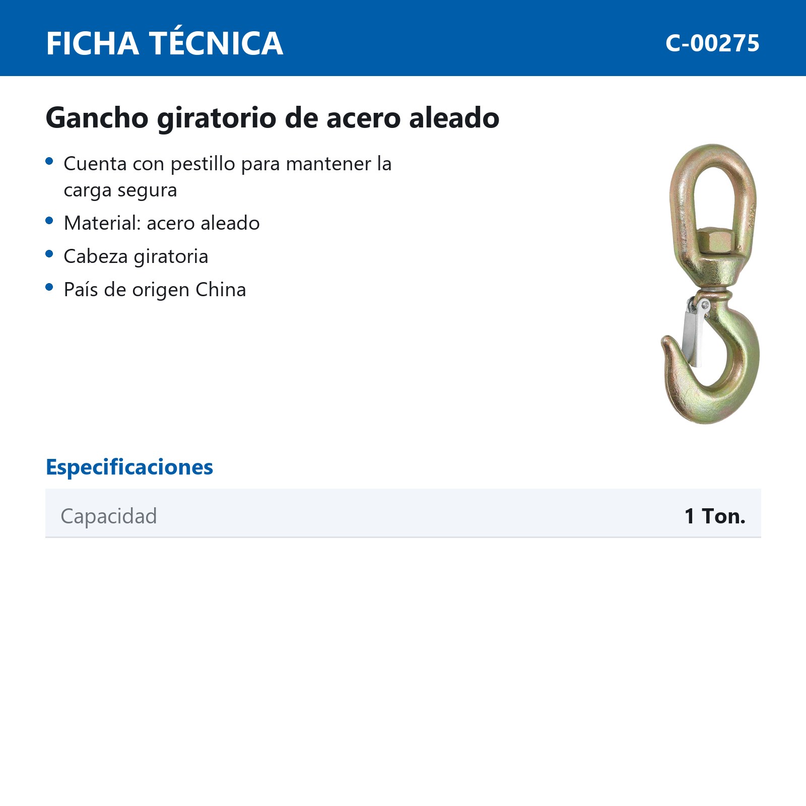 GANCHO D/ACERO FORJADO GIRAT. 1TON (AMARILLO) - Imagen 2