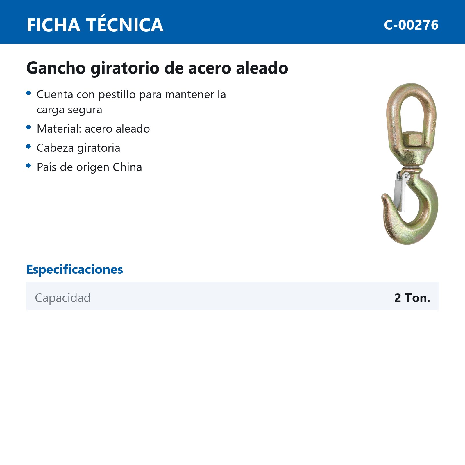 GANCHO D/ACERO FORJADO GIRAT. 2TON (AMARILLO) - Imagen 2
