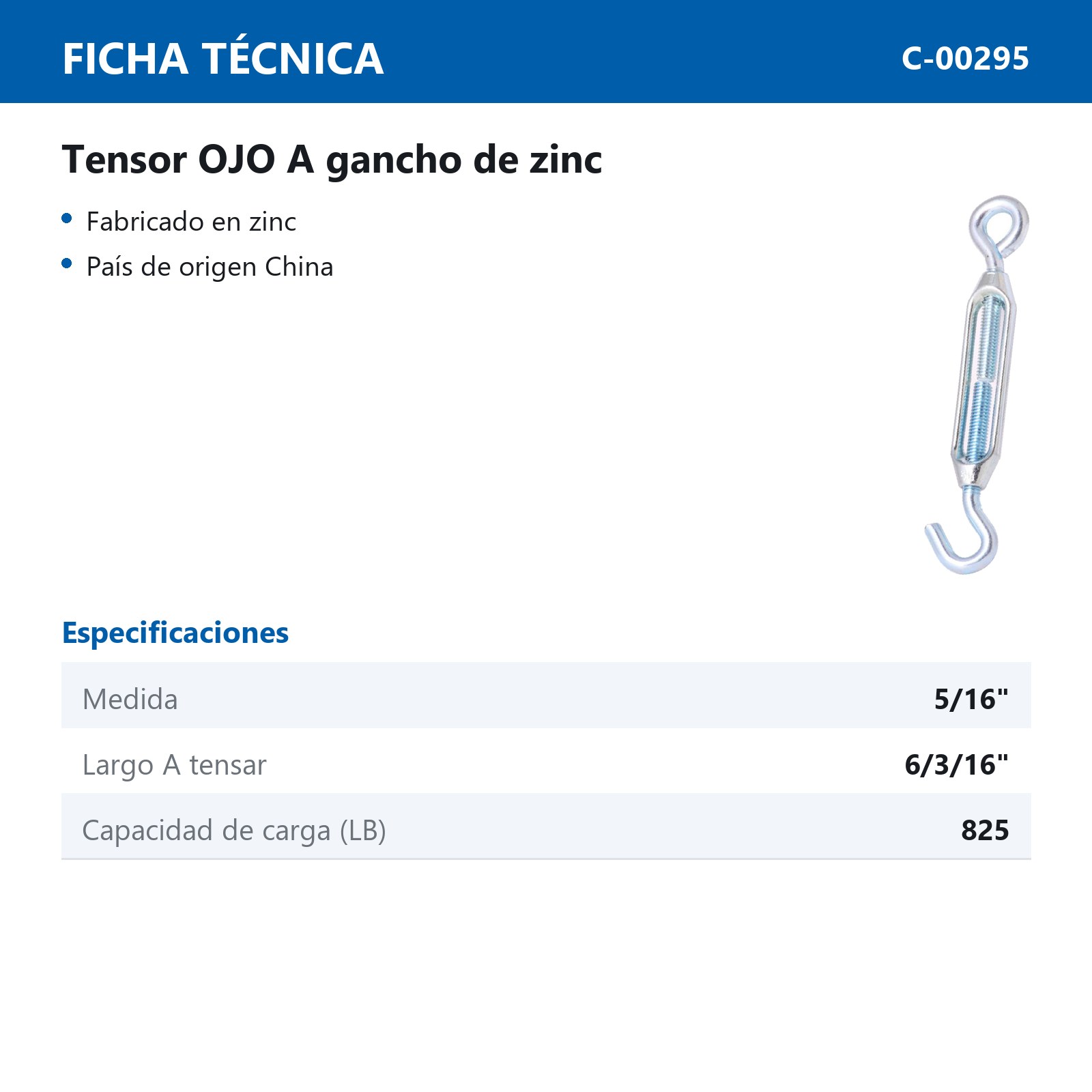 TENSOR DE ZINC 5/16" - Imagen 2