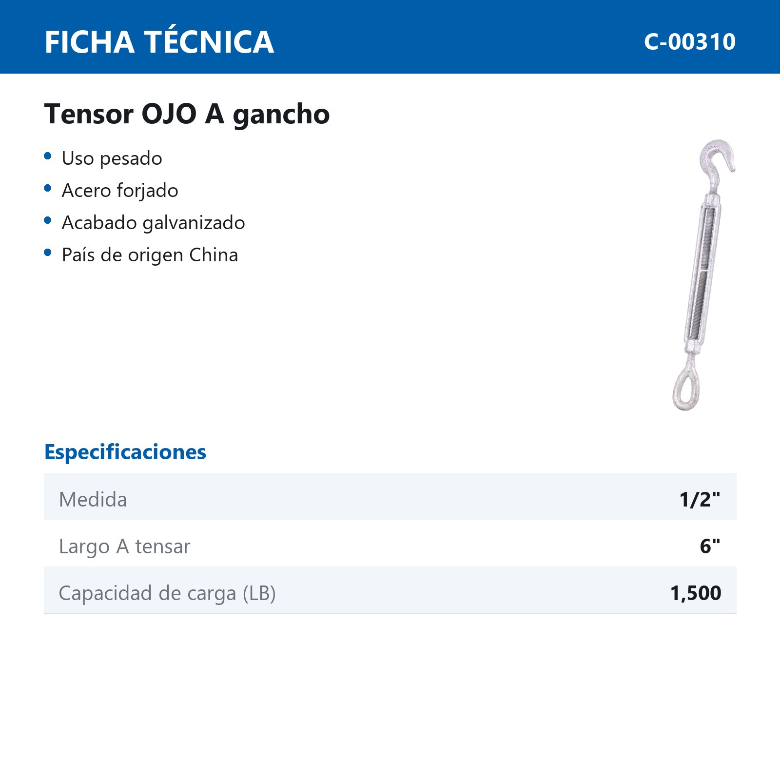 TENSOR ACERO FORJADO OJO / GANCHO 1/2 X 6" - Imagen 2