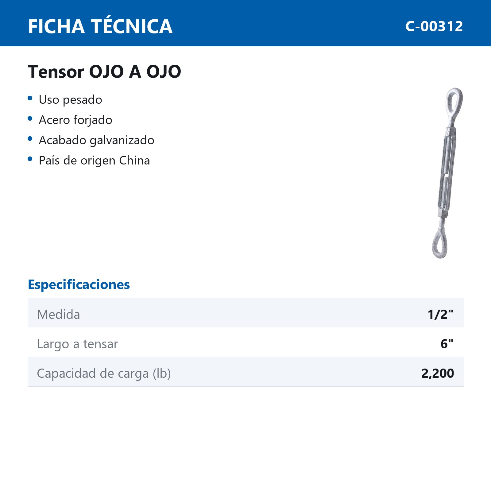 TENSOR ACERO FORJADO OJO/OJO 1/2X6 - Imagen 2
