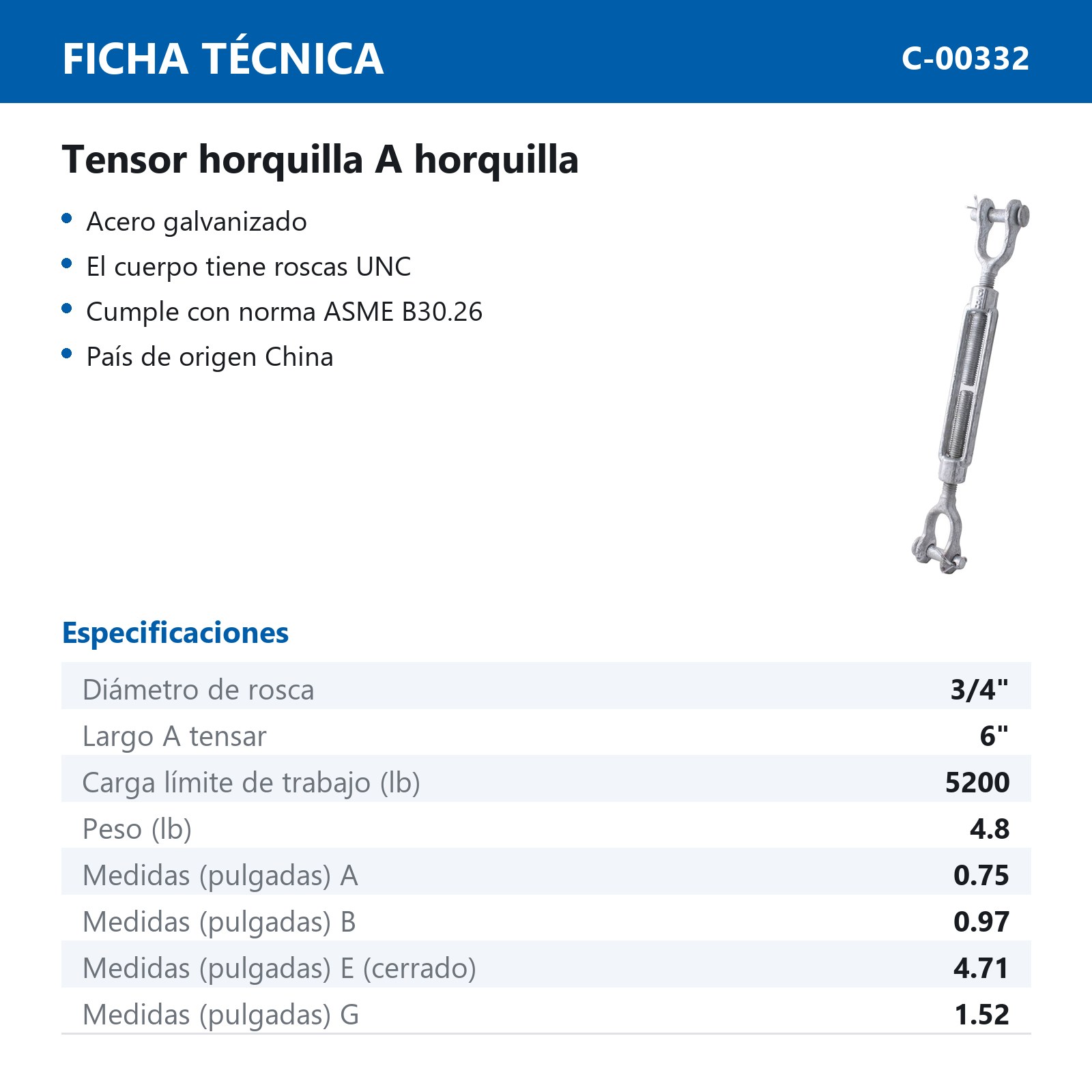 TENSOR ACERO FORJADO HORQUILLA/HORQUILLA 3/4" X 6" - Imagen 2