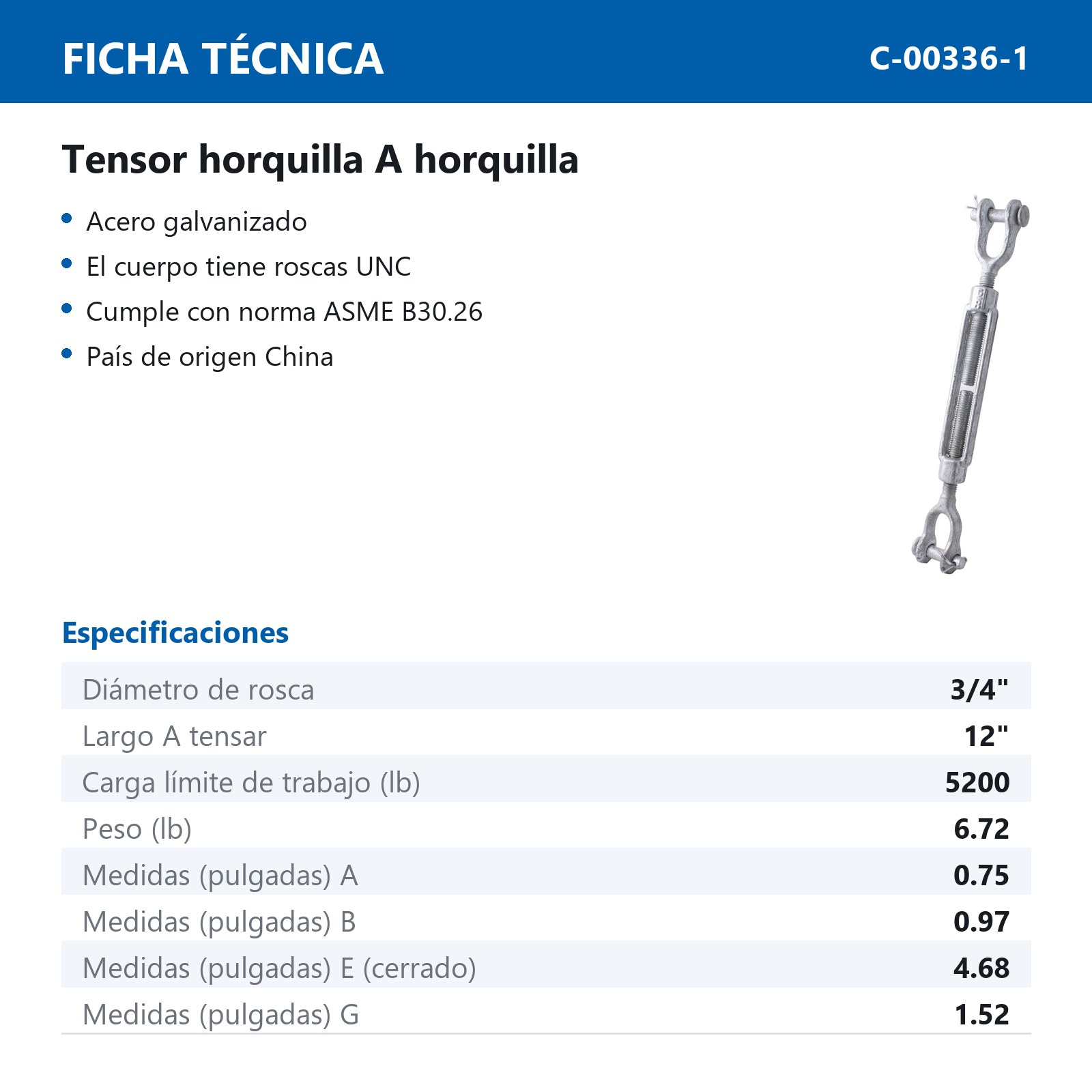 TENSOR ACERO FORJADO HORQUILLA/HORQUILLA 3/4" X 12" - Imagen 2