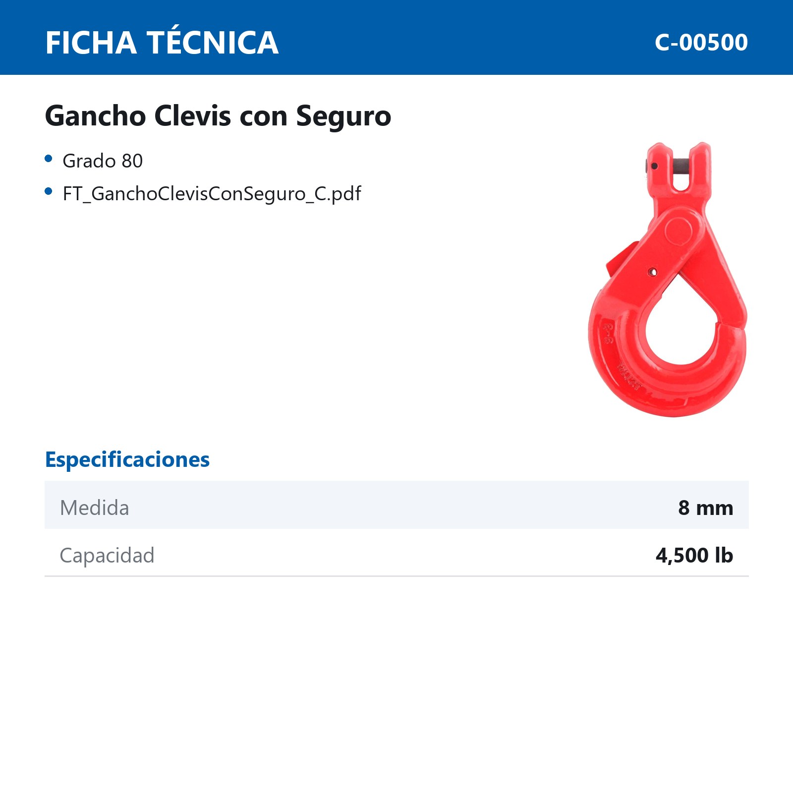 GANCHO CLEVIS G80 CON SEGURO    ROJO     8MM - Imagen 2