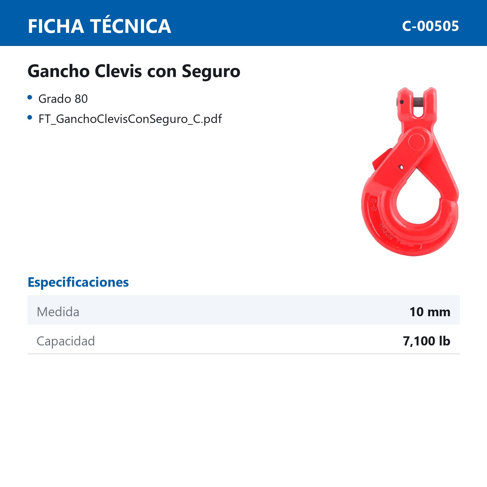 GANCHO CLEVIS G80 CON SEGURO    ROJO     10MM - Imagen 2