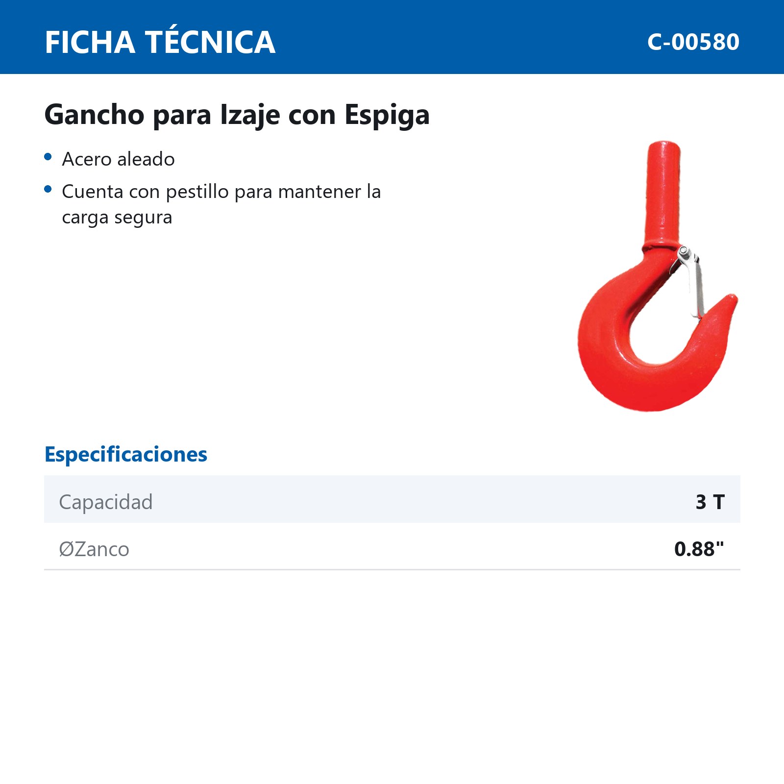 GANCHO P/IZAJE C/ESPIGA Y SEGURO D/ACERO ALEADO 3 TON - Imagen 2