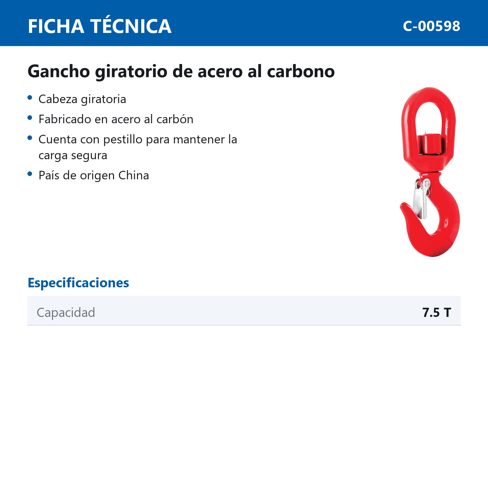 GANCHO D/ACERO AL CARBONO GIRATORIO 7-1/2 TON - Imagen 2