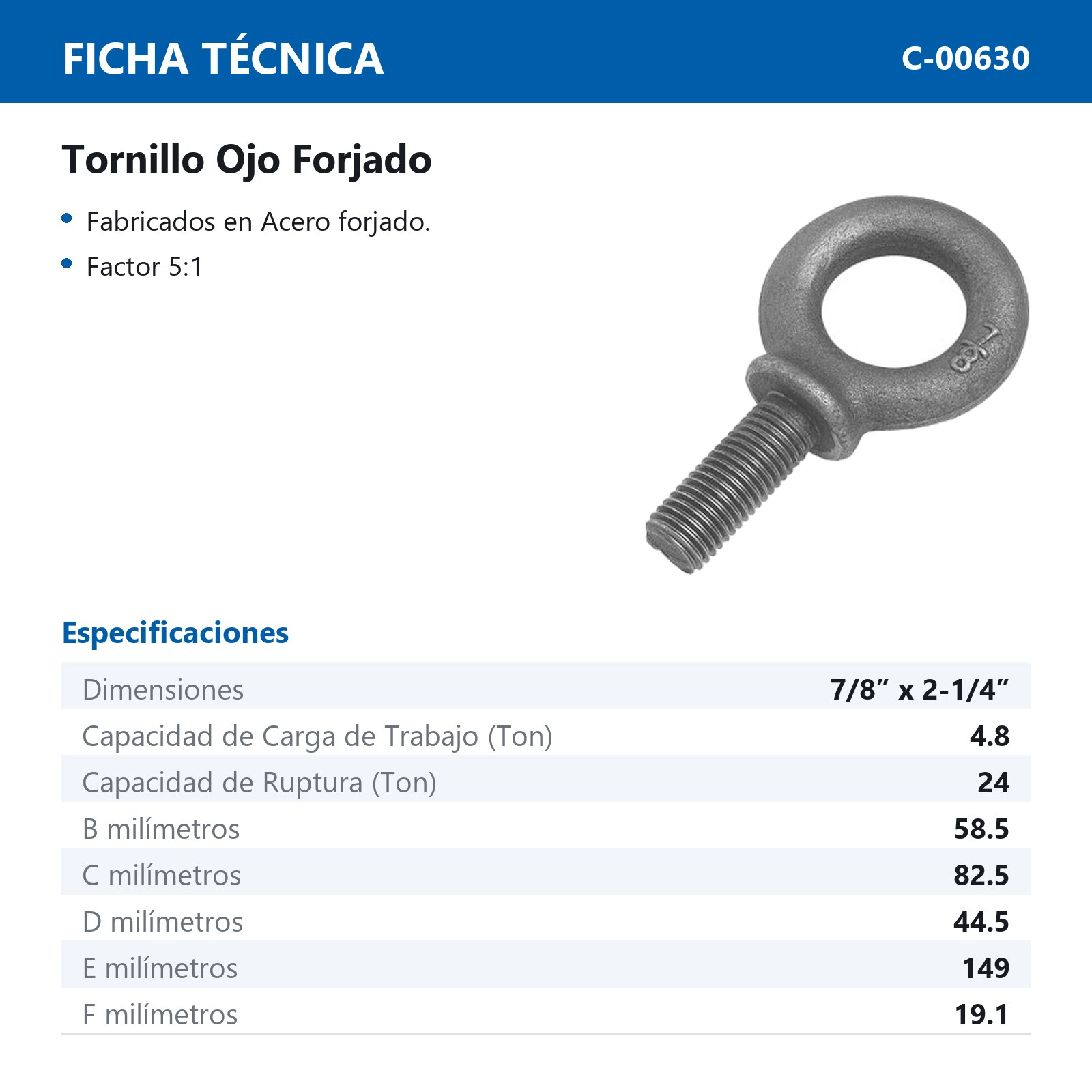 TORNILLO OJO FORJADO 7/8"-9 X 2-1/4" - Imagen 2