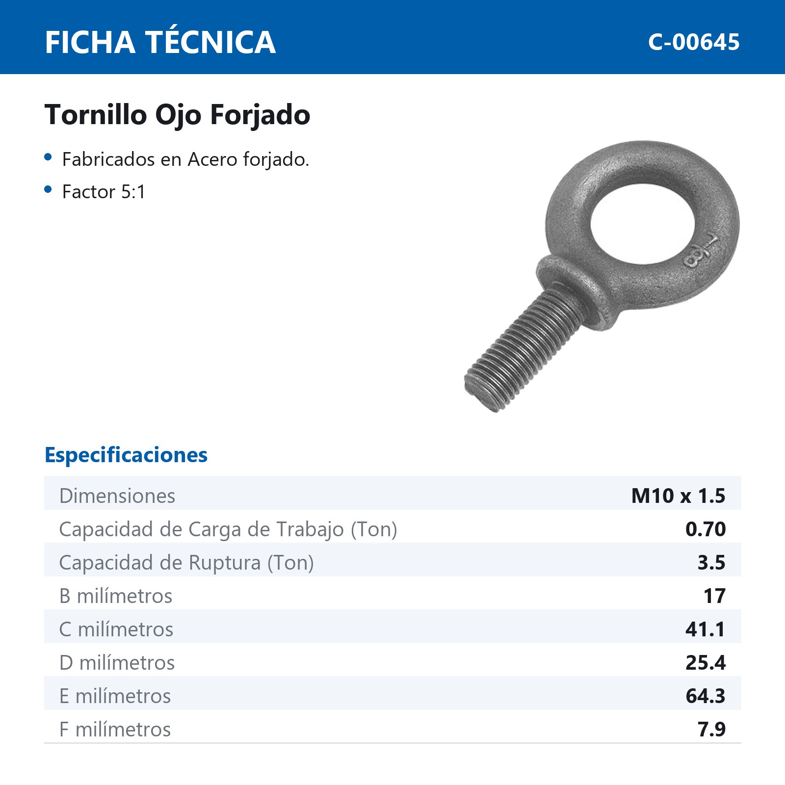 TORNILLO OJO FORJADO M10-1.5 X 32mm (Precio x Pza - Empaque c/10 pzas) - Imagen 3