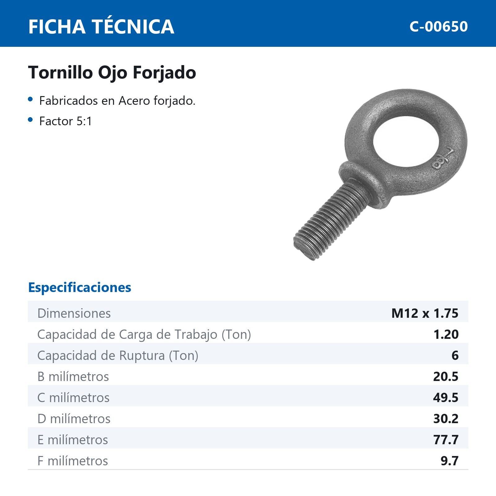TORNILLO OJO FORJADO M12-1.75 X 39mm - Imagen 2