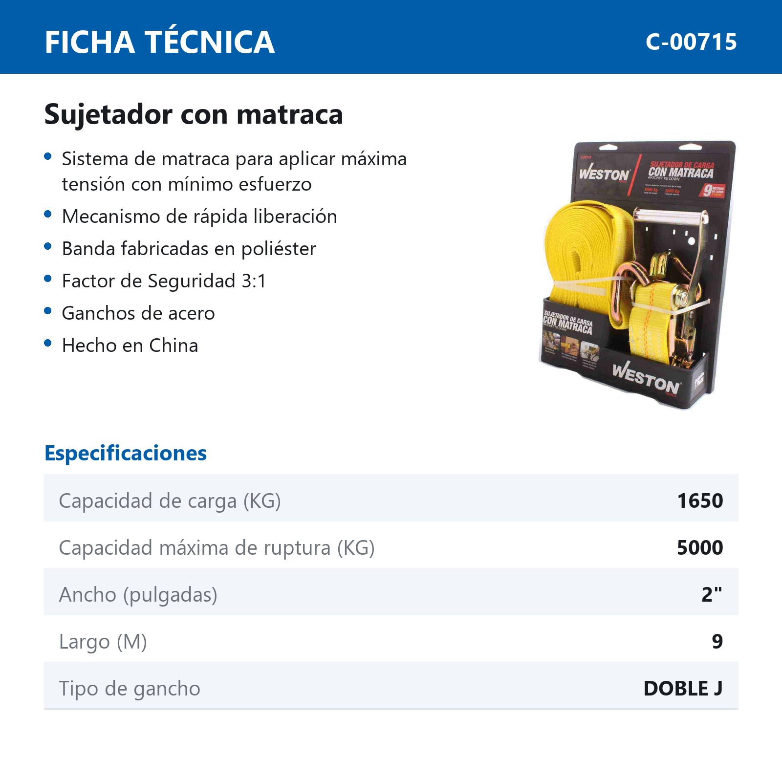 SUJETACARGAS CON MATRACA 2" X 9M GANCHO TIPO "J" - Imagen 2
