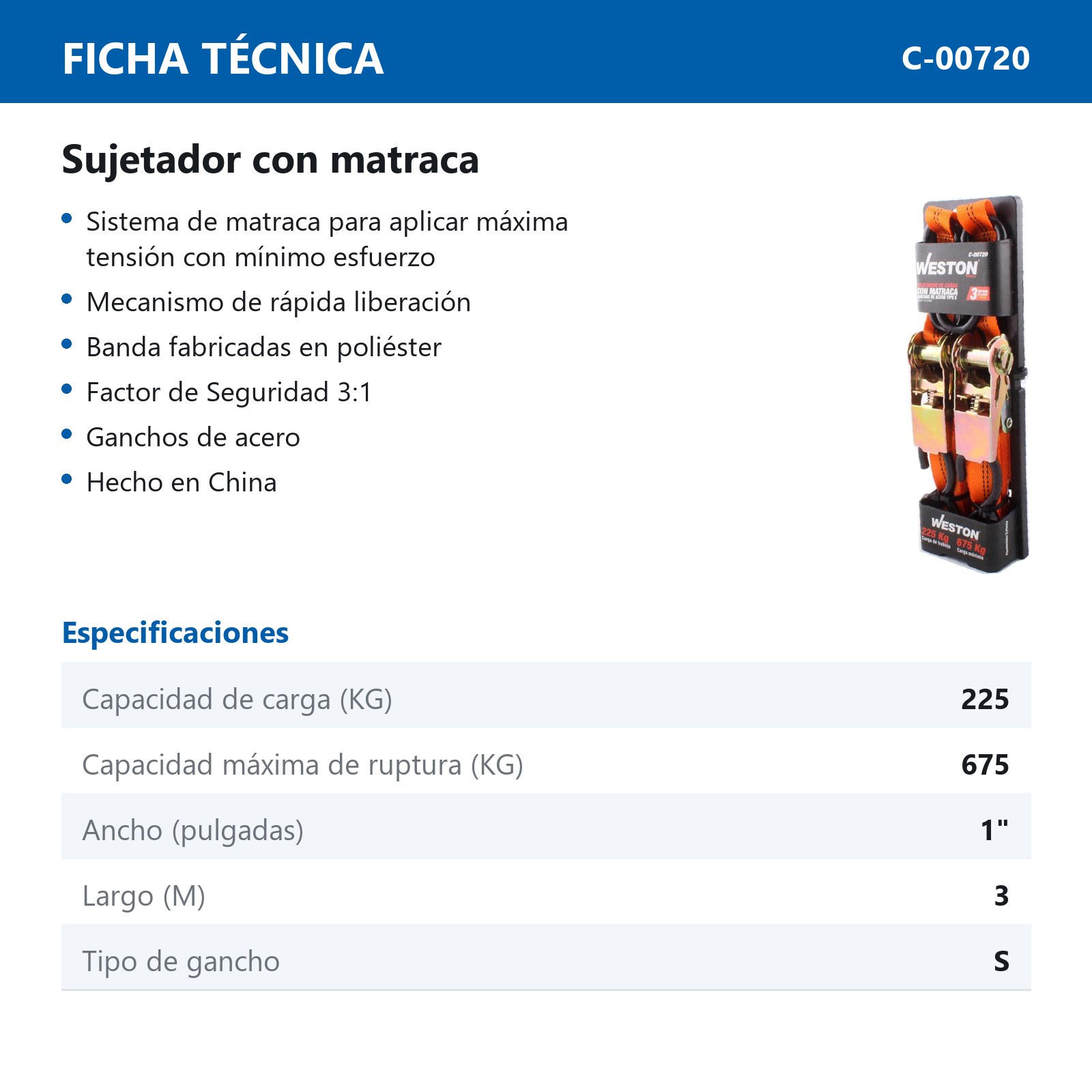 SUJETADORES CON MATRACA 1" X 3M GANCHO TIPO "S" - Imagen 2