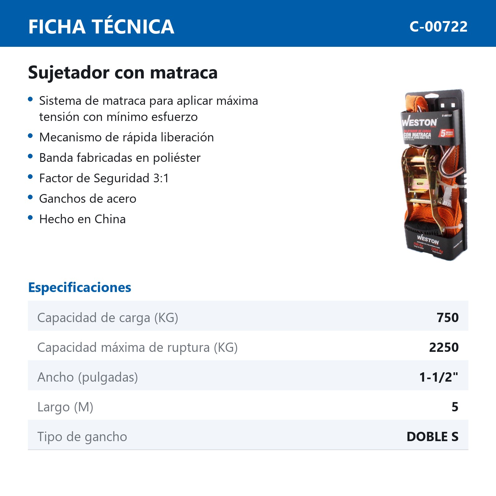 SUJETADORES CON MATRACA 1-1/2" X 5M GANCHO DOBLE "S" - Imagen 2