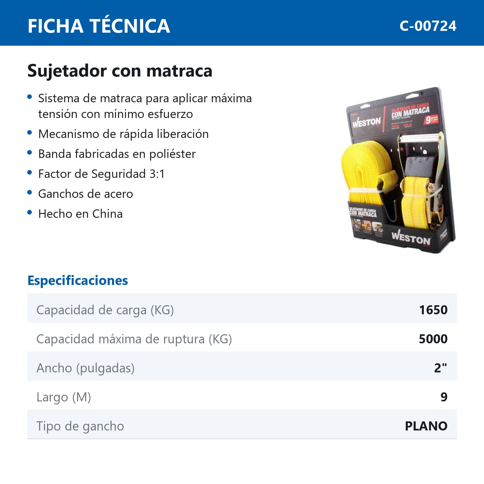 SUJETADORES CON MATRACA 2" X 9M GANCHO PLANO - Imagen 2