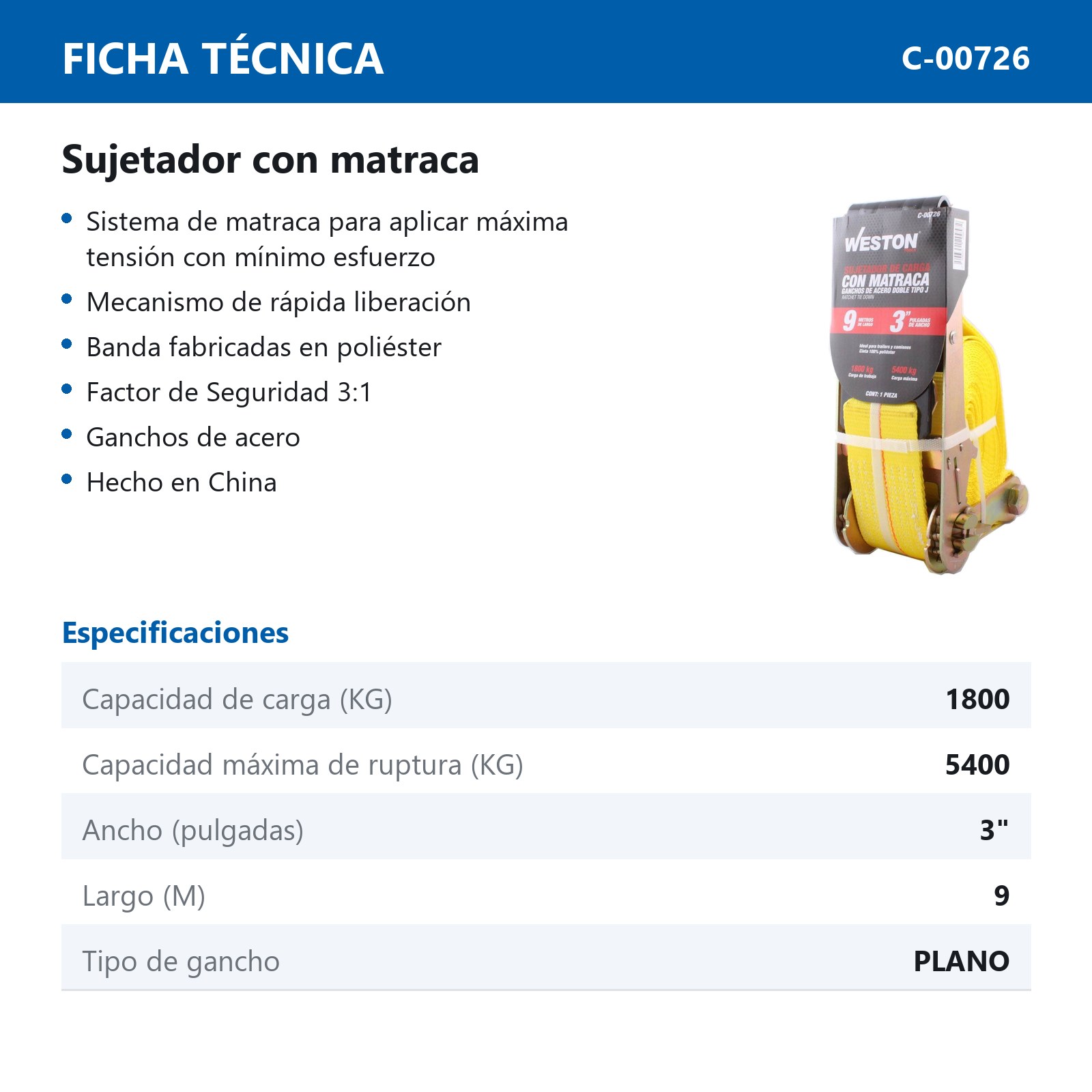 SUJETADORES CON MATRACA 3" X 9M GANCHO PLANO - Imagen 2