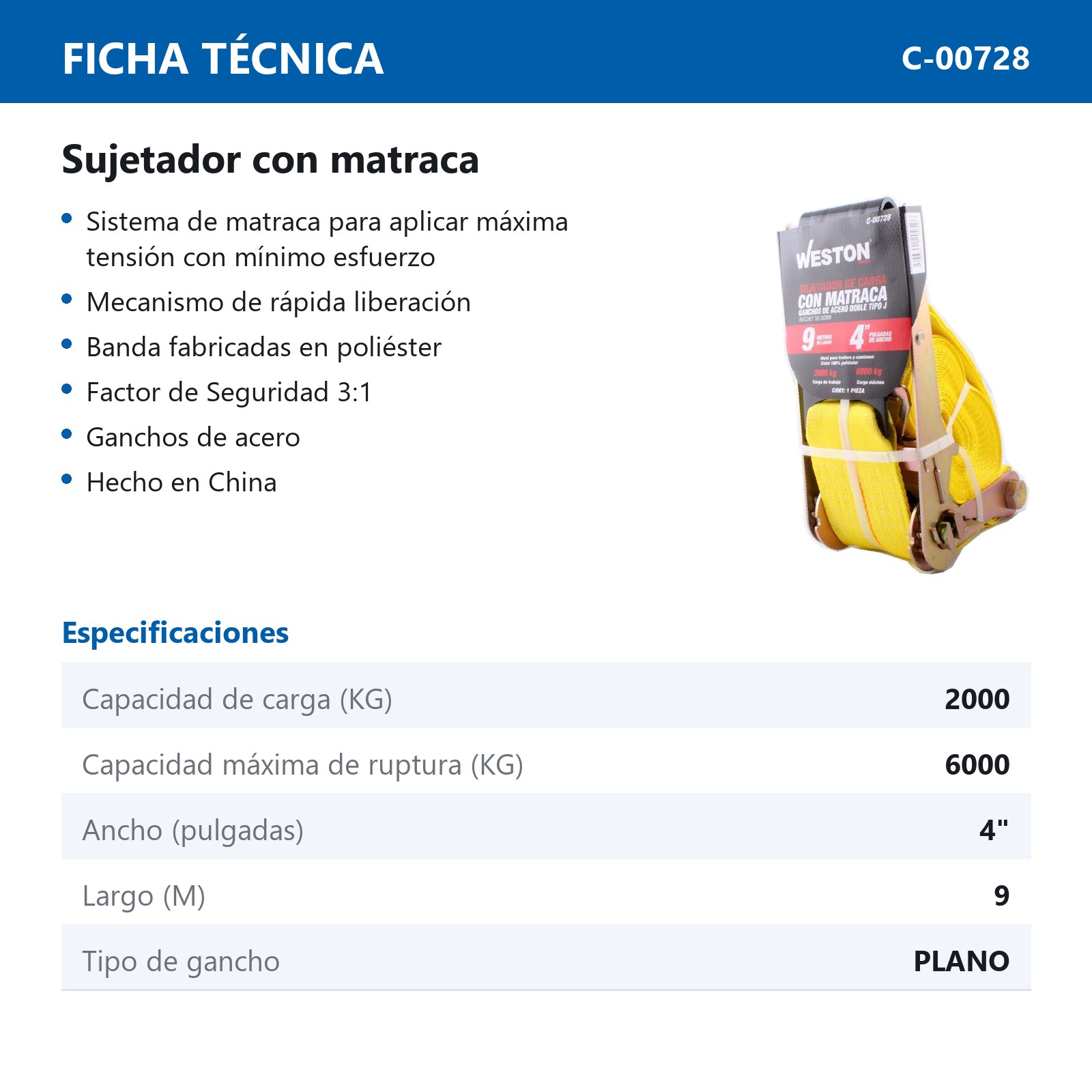 SUJETADORES CON MATRACA 4" X 9M GANCHO PLANO - Imagen 2