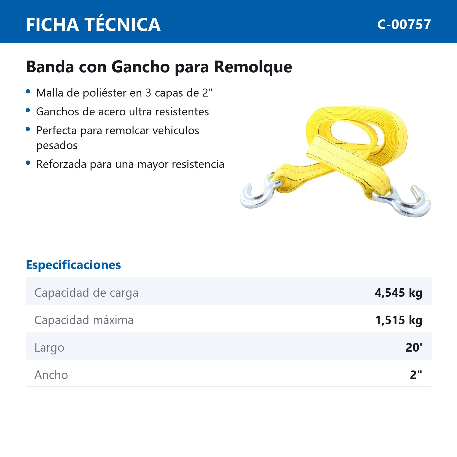 BANDA C/GANCHO P/REMOLQUE 2" X 20' - Imagen 2