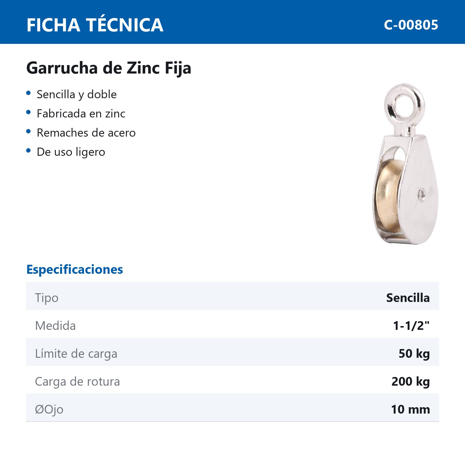 GARRUCHA FIJA SENCILLA ZINC 1-1/2" (Precio x Pza - Caja c/20 pzas) - Imagen 3